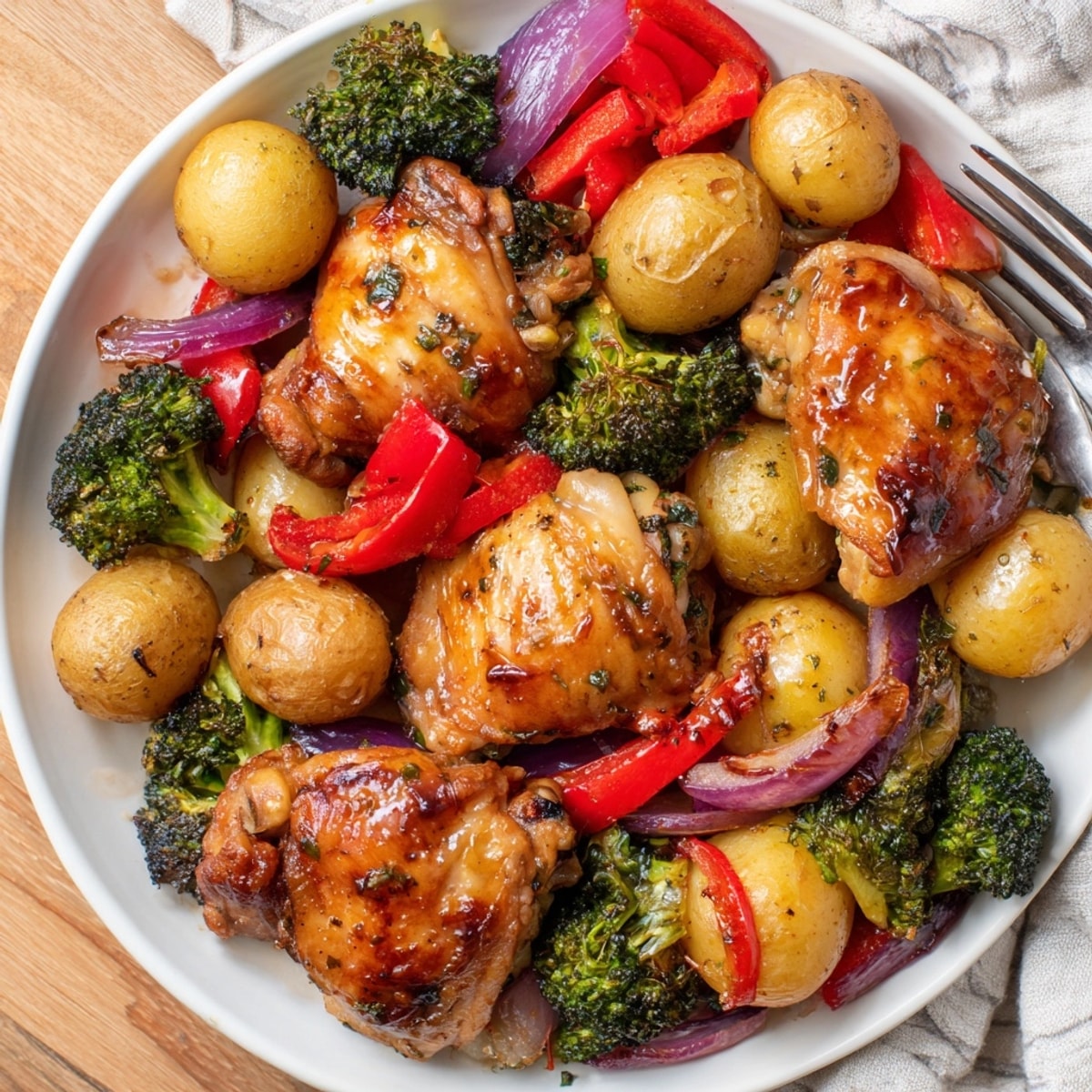 Honey Lemon Roasted Chicken Sheet Pan with golden thighs and colorful veggies fresh from the oven
