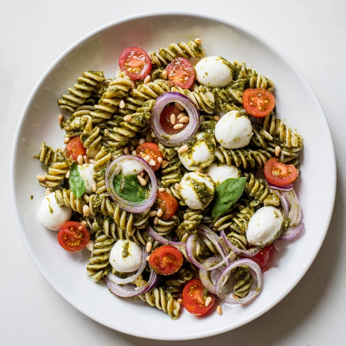 Cold pasta salad with pesto showcasing vibrant cherry tomatoes and fresh mozzarella, ready to eat.