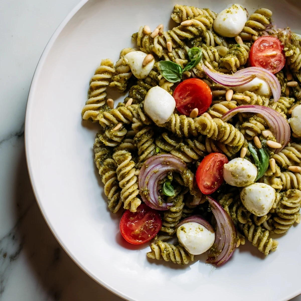 Creamy mozzarella and bright pesto coat al dente pasta in this delicious cold pasta salad.
