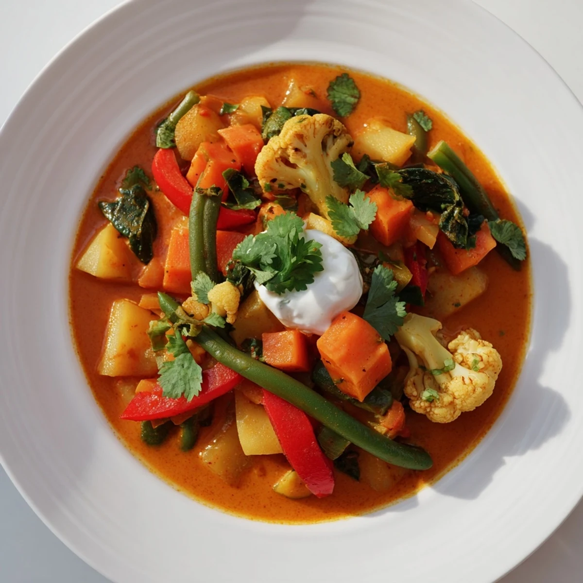 Steaming Waste-Free Vegetarian Curry, a colorful medley of vegetables served with fluffy rice and cilantro.