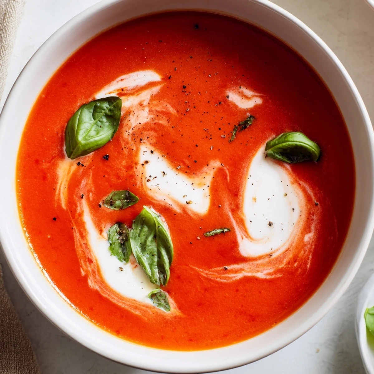 A steaming bowl of creamy Comfort Soup: the Best Homemade Tomato and Basil Soup with fresh basil garnish.