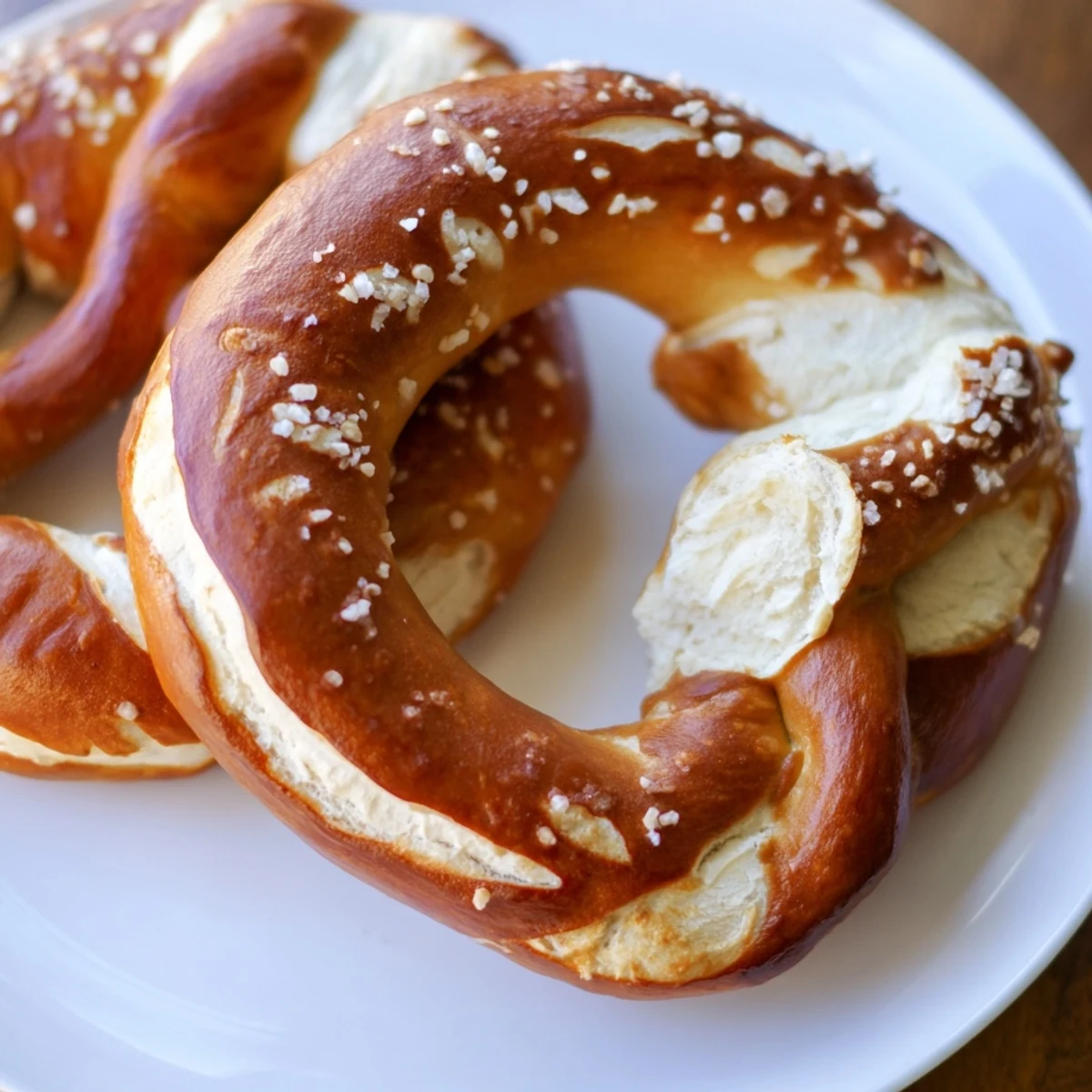 Golden-brown homemade soft pretzels with a generous sprinkle of coarse salt, ready to eat.
