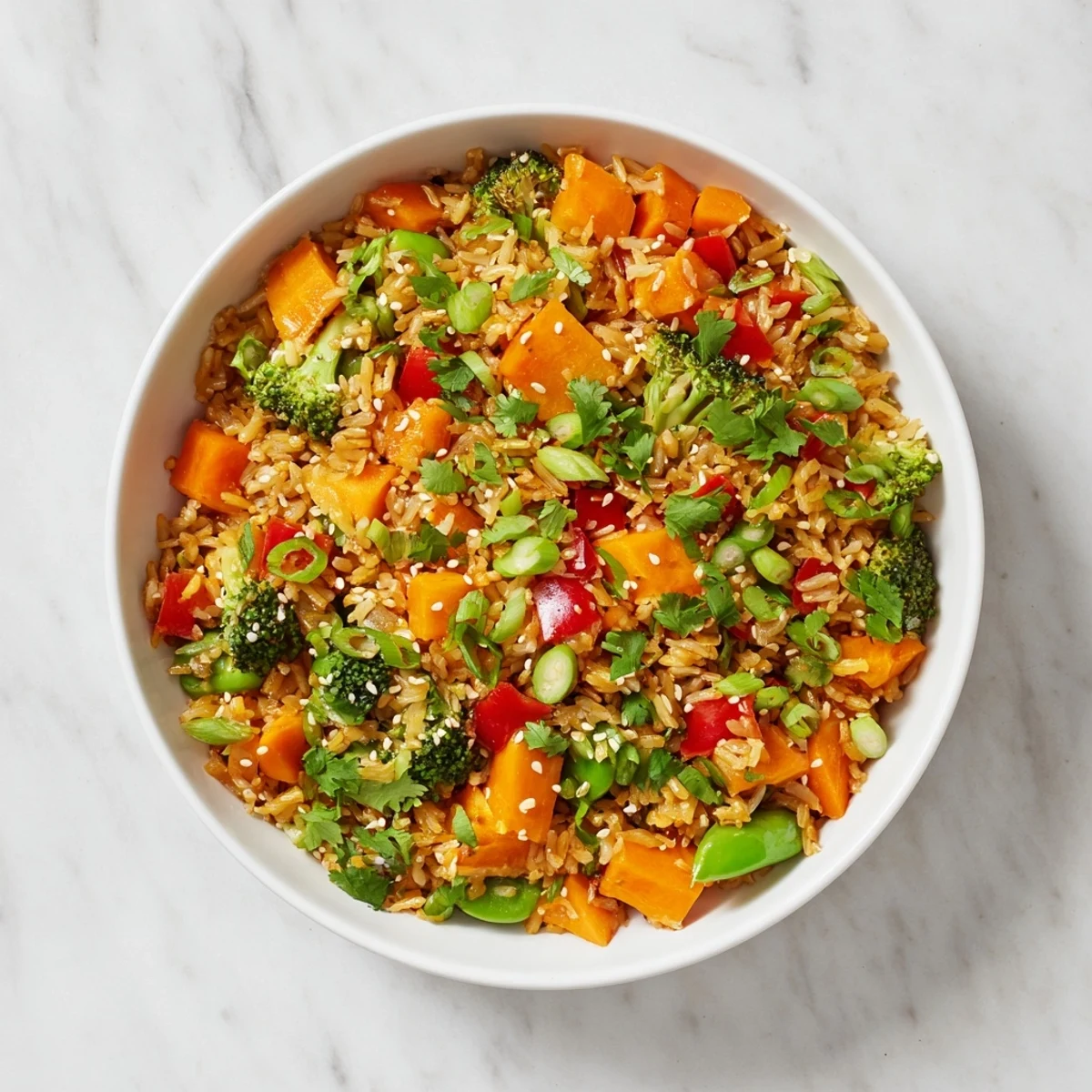 Golden, crispy rice in a bowl, mingled with colorful veggies for Crispy Vegetable Fried Rice.