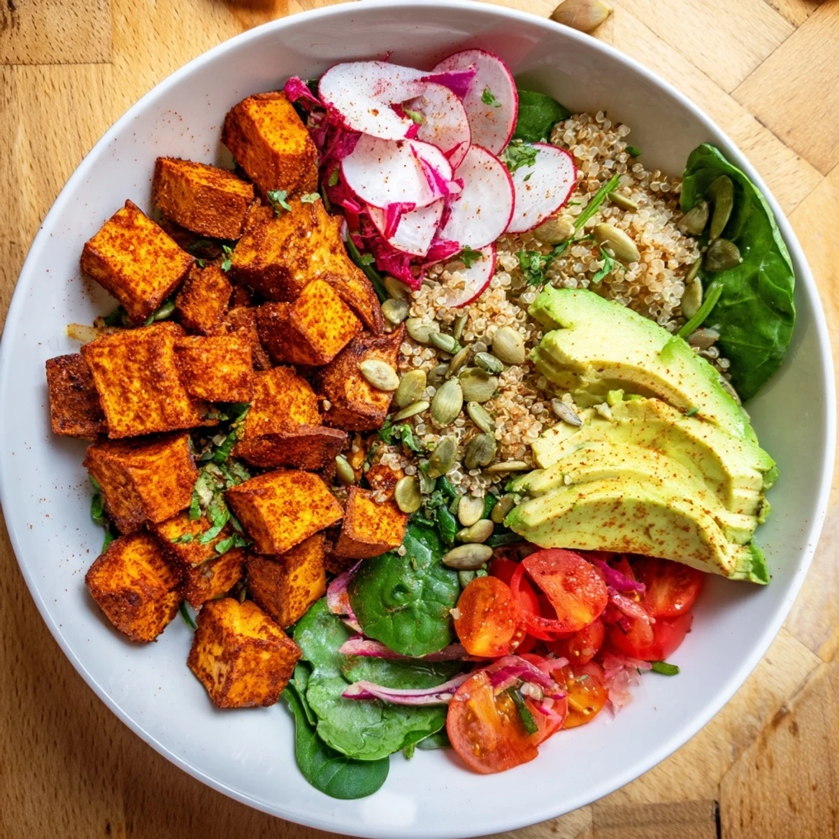 Complete Veggie Bowl with quinoa, sweet potatoes and tahini vinaigrette, a colorful and healthy meal.