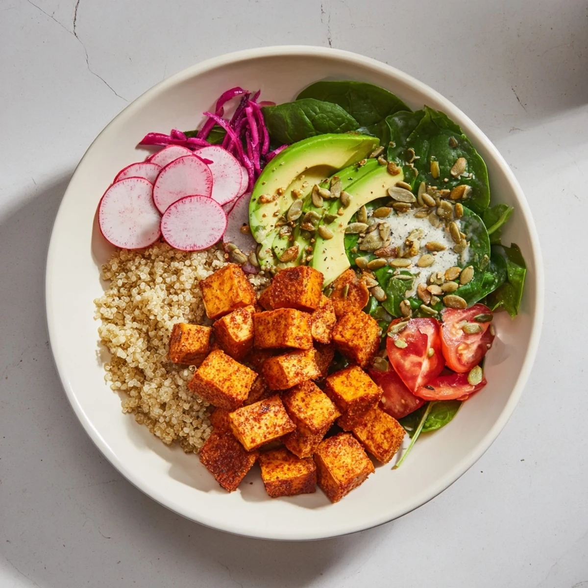 Vibrant Complete Veggie Bowl featuring fluffy quinoa, roasted sweet potatoes, and creamy tahini dressing.