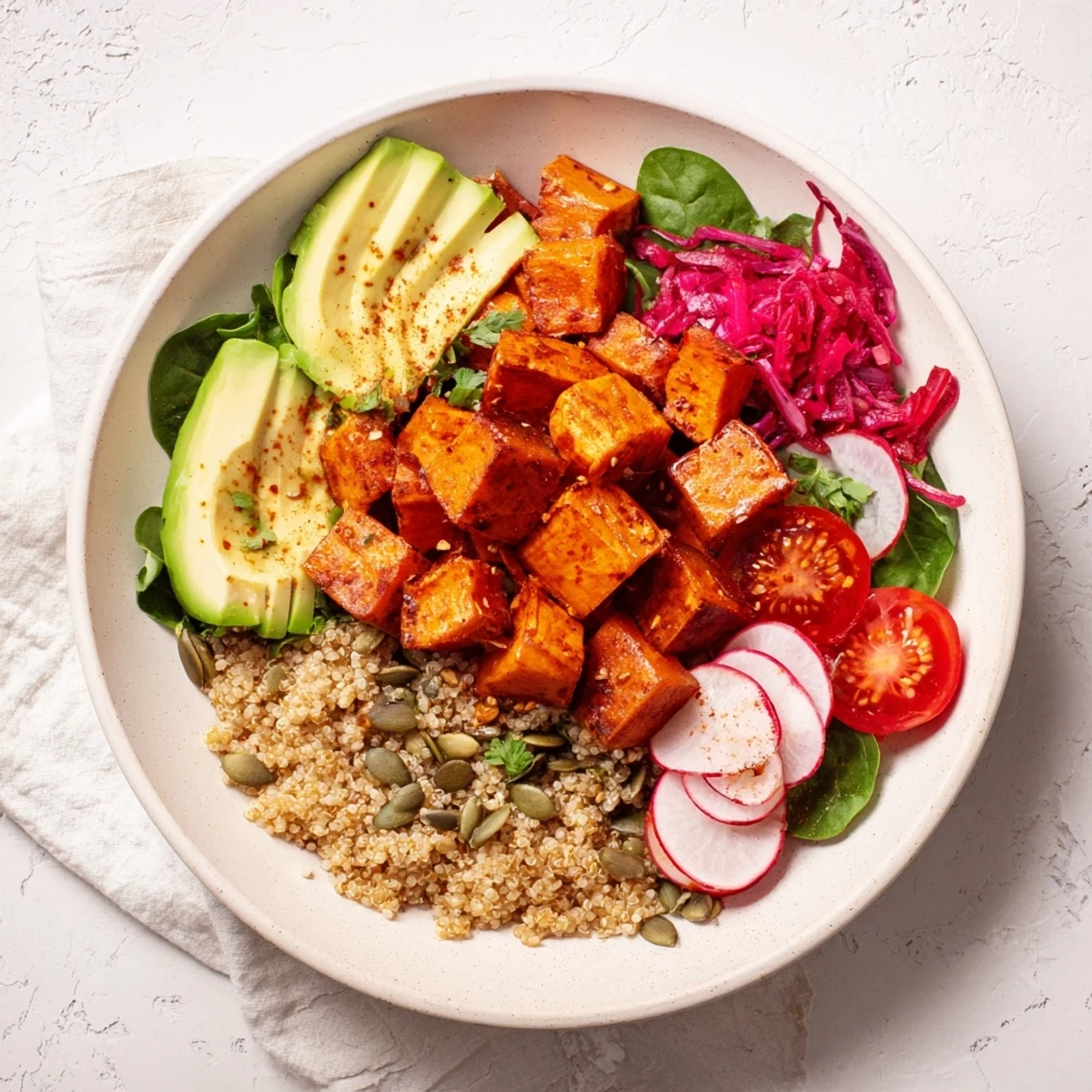 A delicious Complete Veggie Bowl with tahini dressing, sweet potatoes, and fresh vegetables ready to eat.