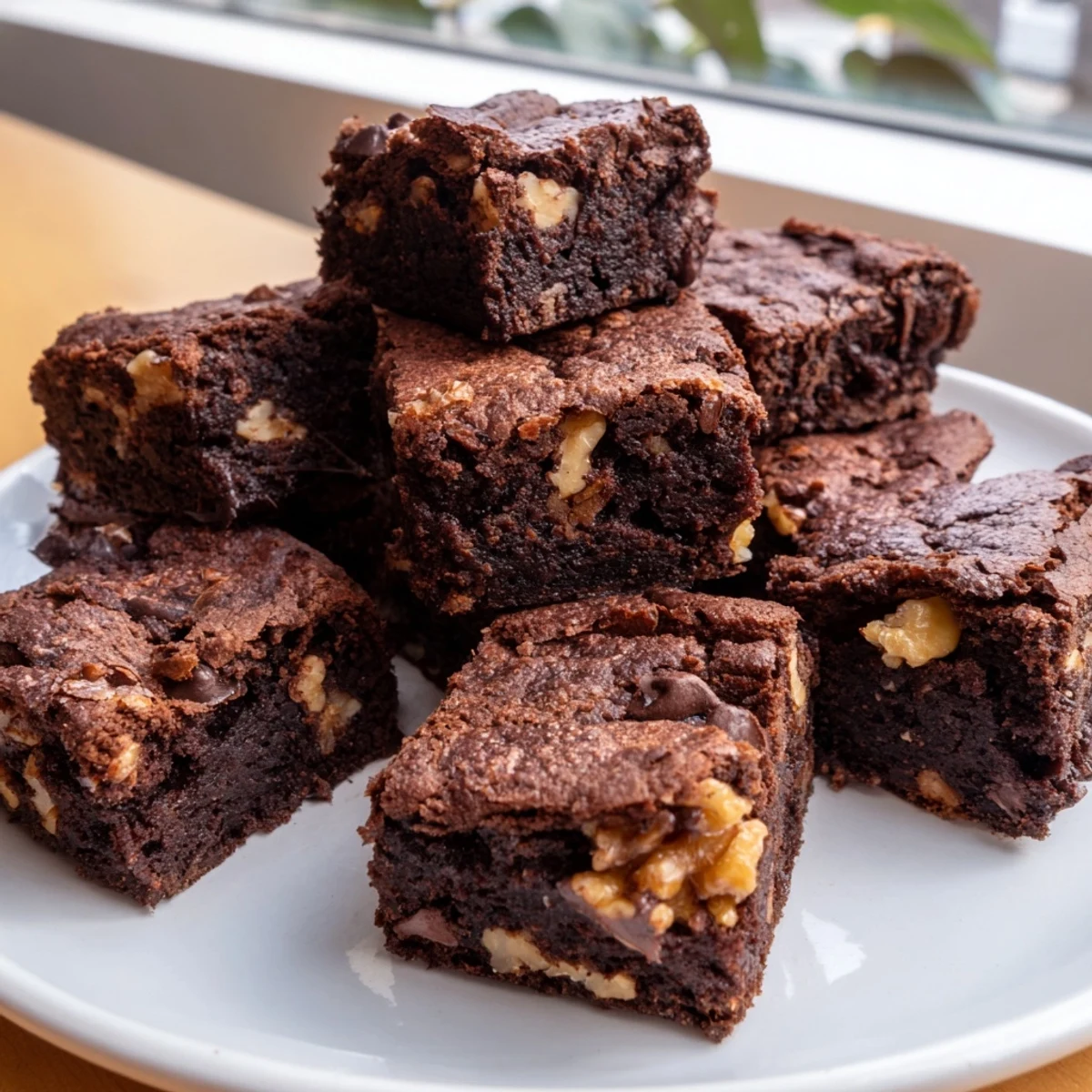 Freshly baked Fudgy Walnut Brownies, a one-pan recipe, look incredibly moist with visible chopped walnuts.