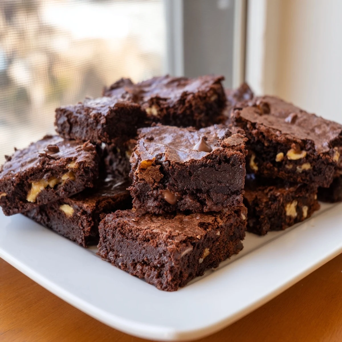 A stack of warm, fudgy walnut brownies, enticingly rich, perfect for dessert with a scoop of ice cream.