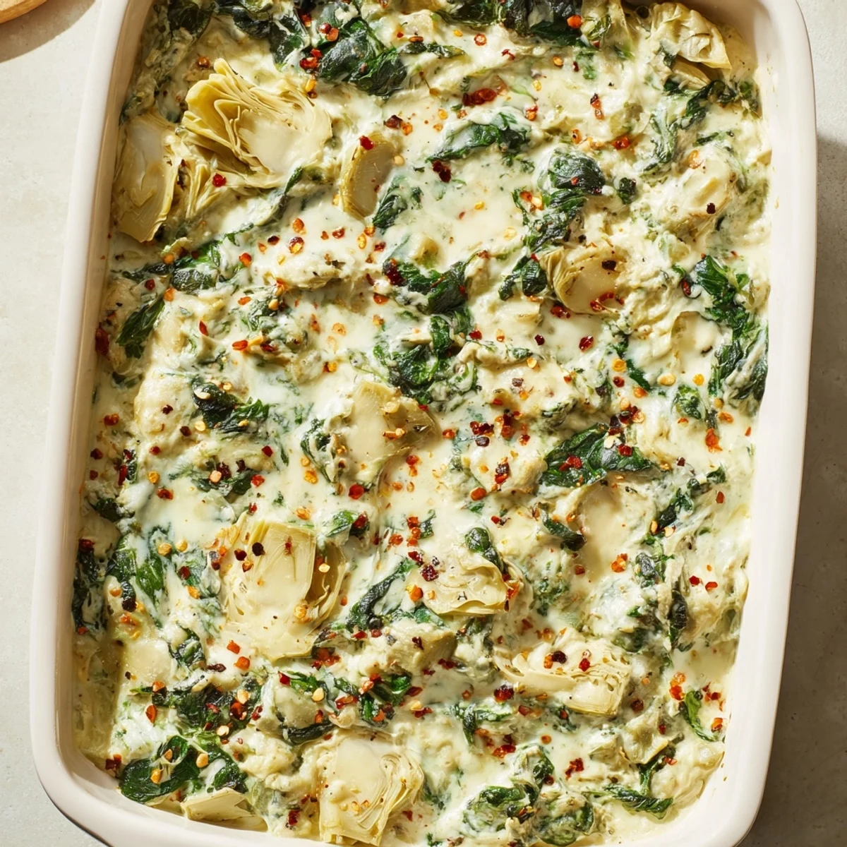 Warm Spinach and Artichoke Dip, bubbling and golden, ready to be scooped with crispy crackers.