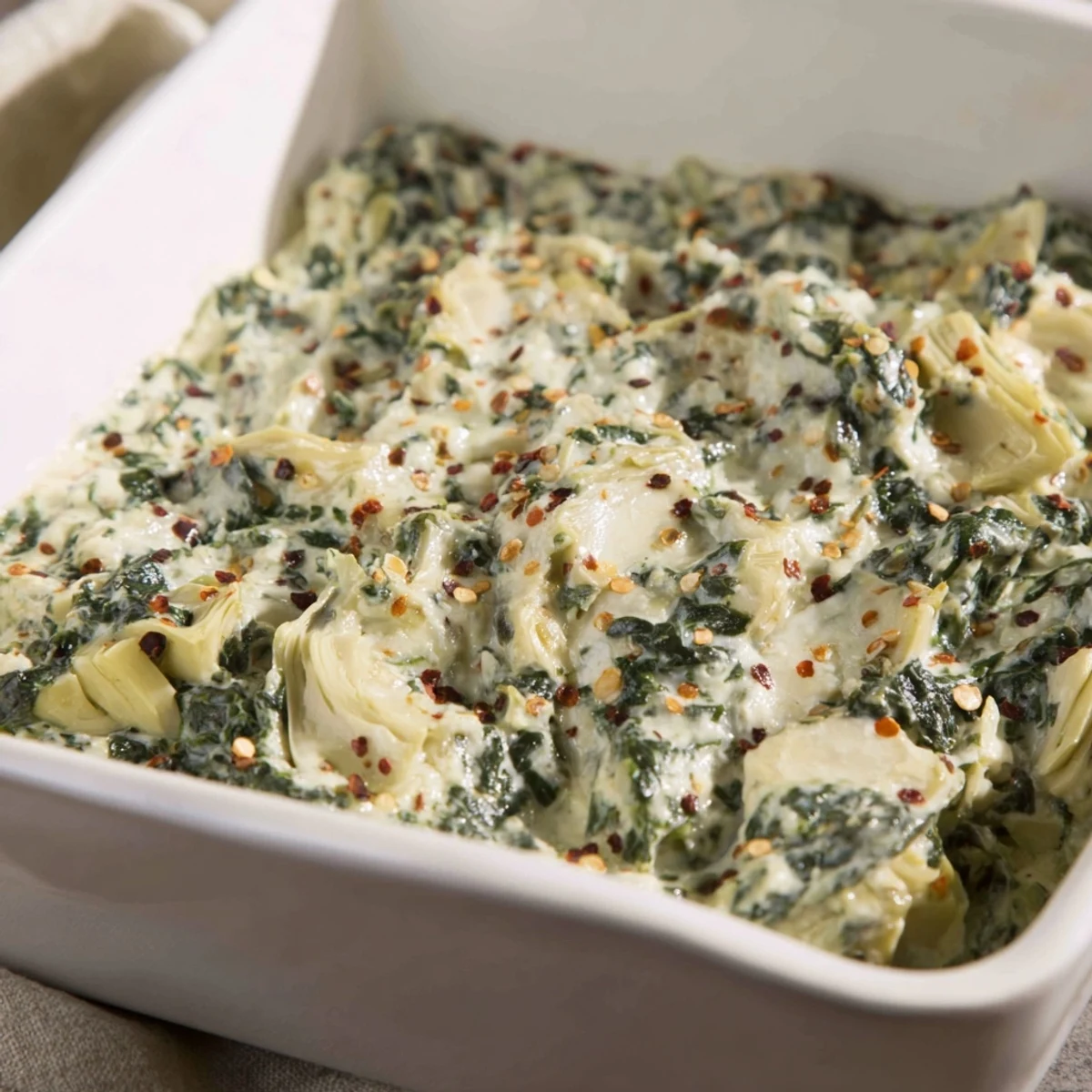A close-up of baked Warm Spinach and Artichoke Dip, showing a creamy, cheesy, and inviting texture.
