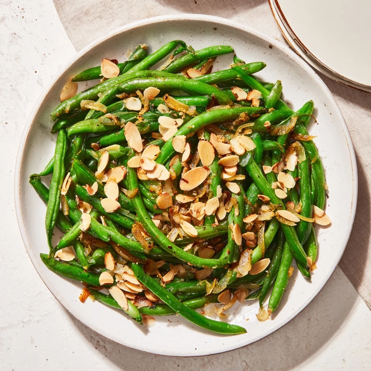 Golden toasted almonds and garlic grace these vibrant Sautéed Green Beans, ready to enjoy.
