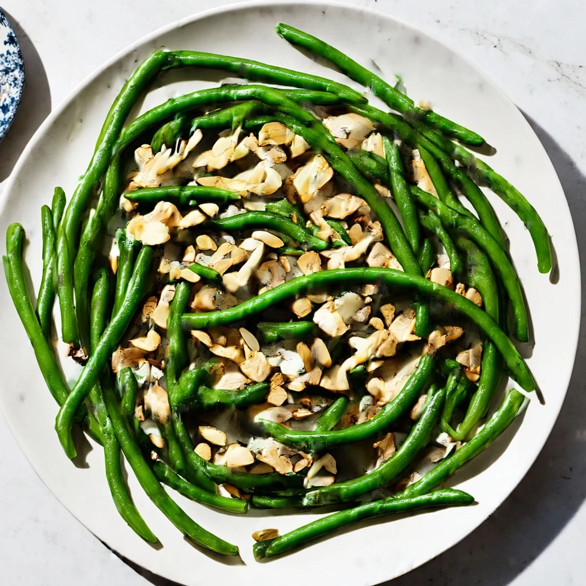 A close-up view of beautifully sautéed green beans, with toasted almonds, ready to eat.