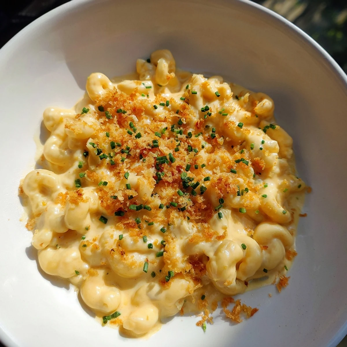 Close-up of the delicious Golden Comfort Food: Creamy Stove-Top Mac and Cheese, showing a velvety cheese sauce.