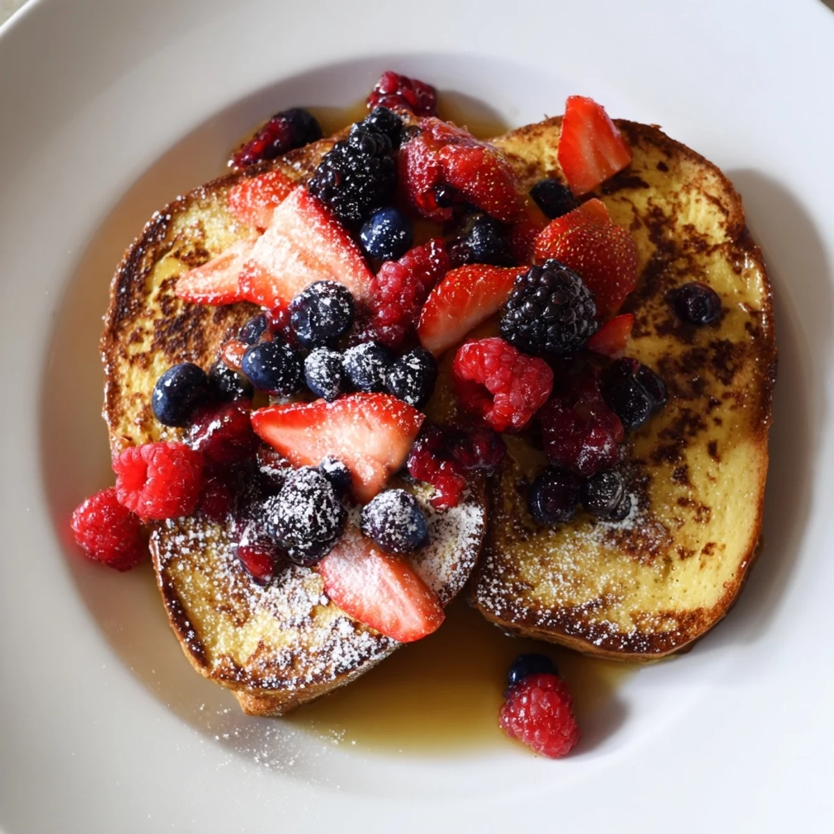 Golden-brown French toast with berries and syrup: a delicious breakfast with fresh fruit.
