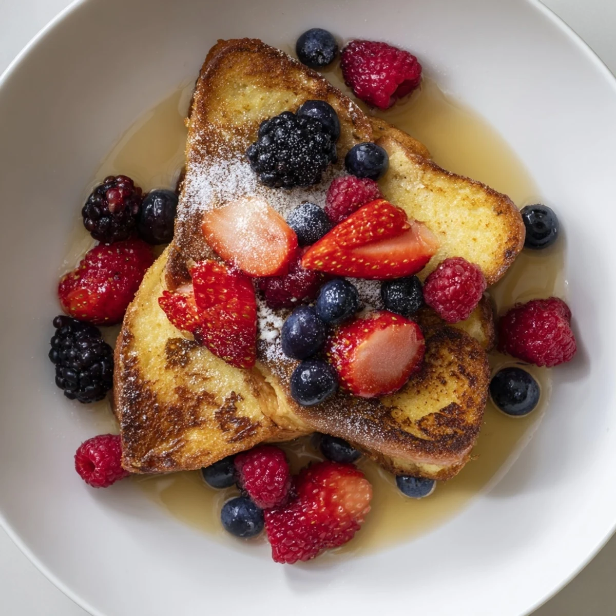 Crispy-edged French toast featuring juicy berries and warm maple syrup, perfect for brunch.