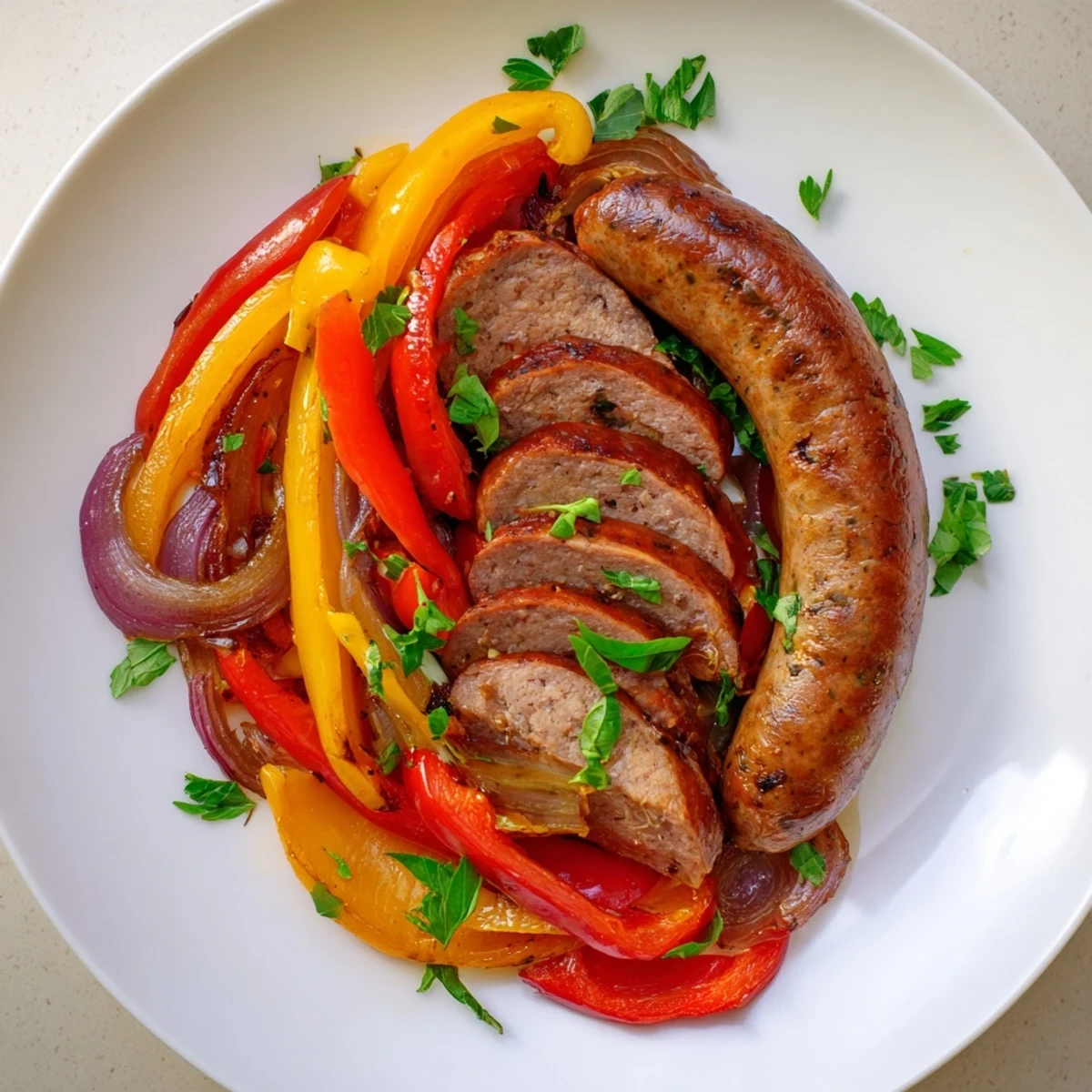 A sheet pan of Roasted Italian Sausage, Peppers, and Onions with browned sausages and colorful veggies.