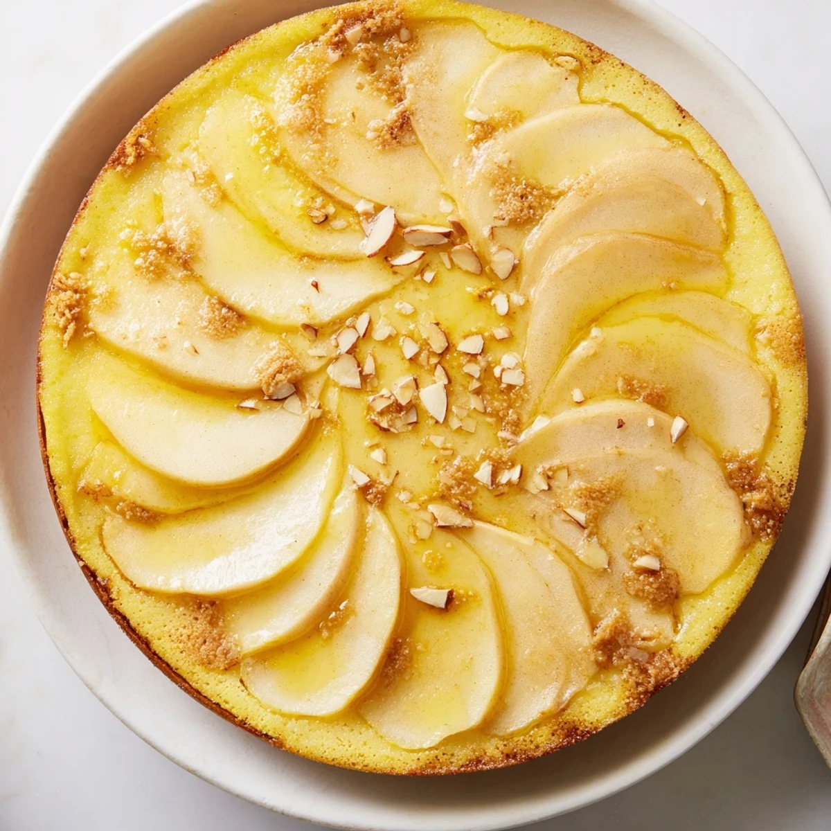 Warm spices and juicy apples in a Rustic Crustless Apple Pie; golden, bubbly, and inviting in its pie dish.
