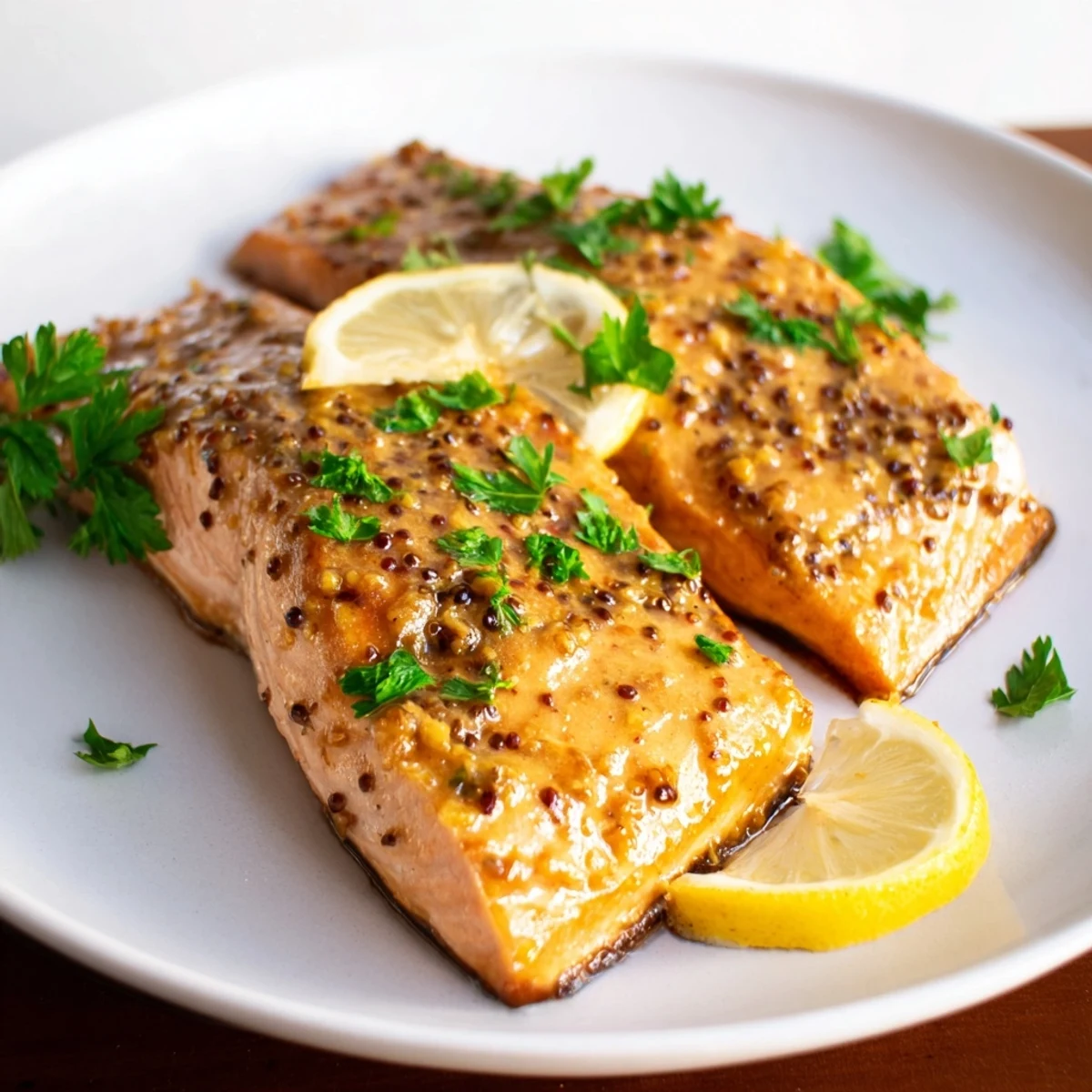 Golden-glazed Honey Mustard Salmon fillets, flaking with tenderness, ready for a delicious dinner.