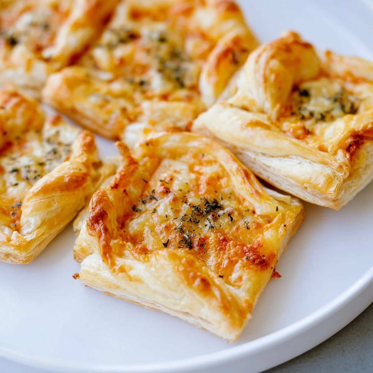 Freshly baked cheese and spice puff pastry bites boasting a crispy, golden-brown, inviting texture.