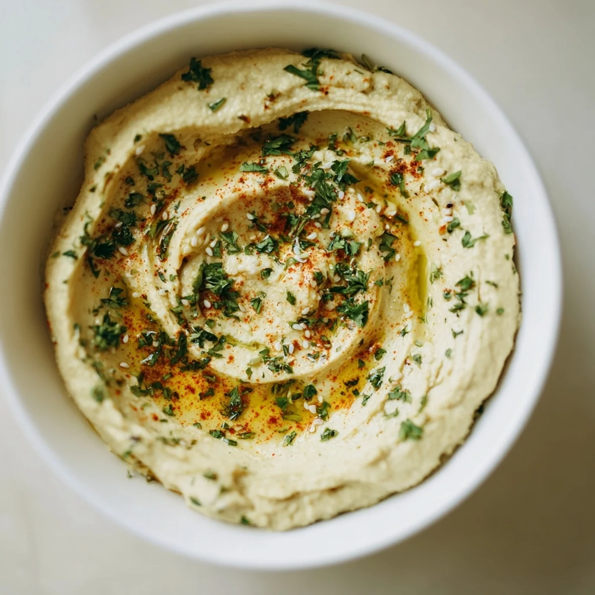 Creamy Perfect 5-Minute Homemade Hummus, drizzled with olive oil and sprinkled with paprika, ready to serve.