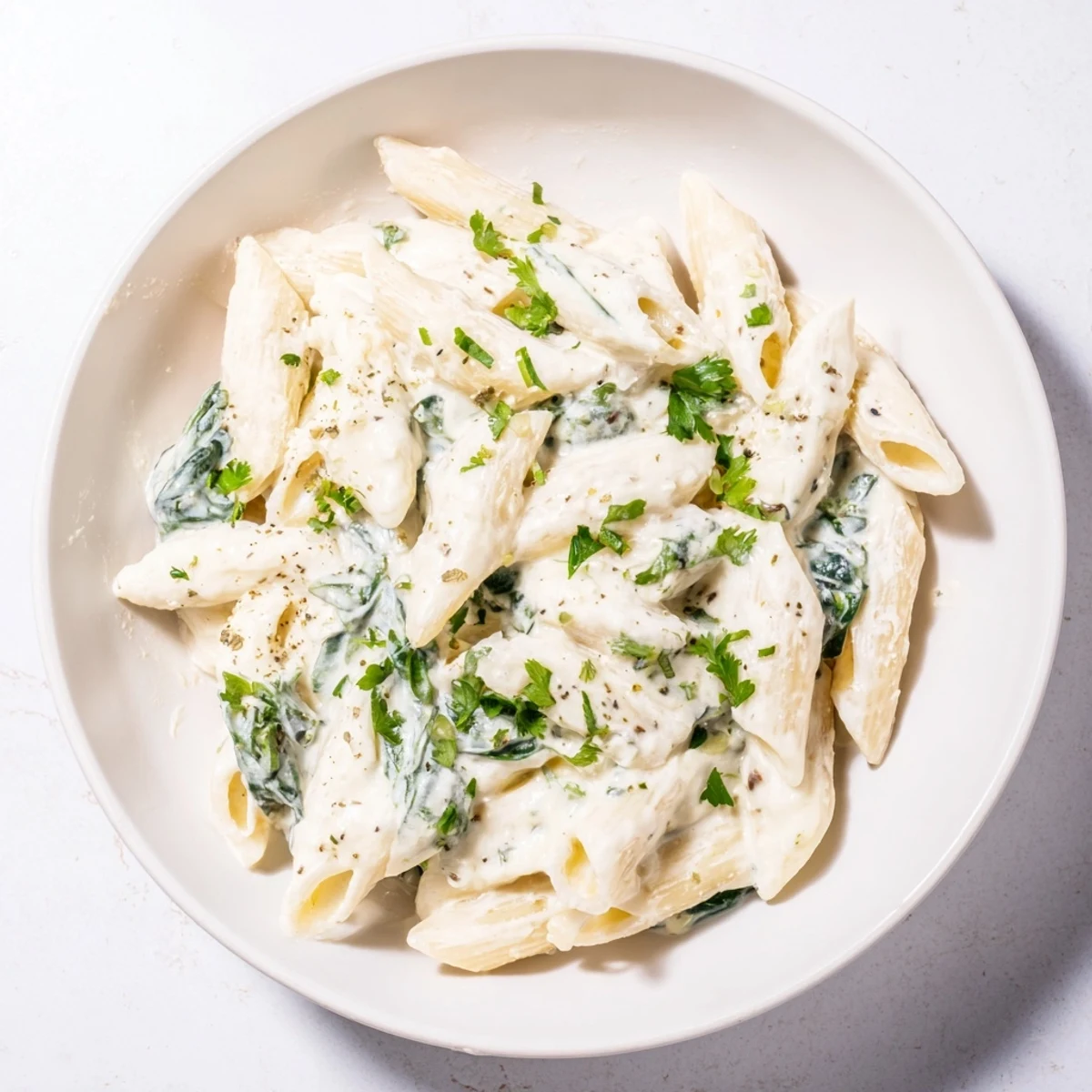 A vibrant close-up of The Magic Casserole: Creamy Spinach Pasta, showing creamy sauce and tender pasta textures.