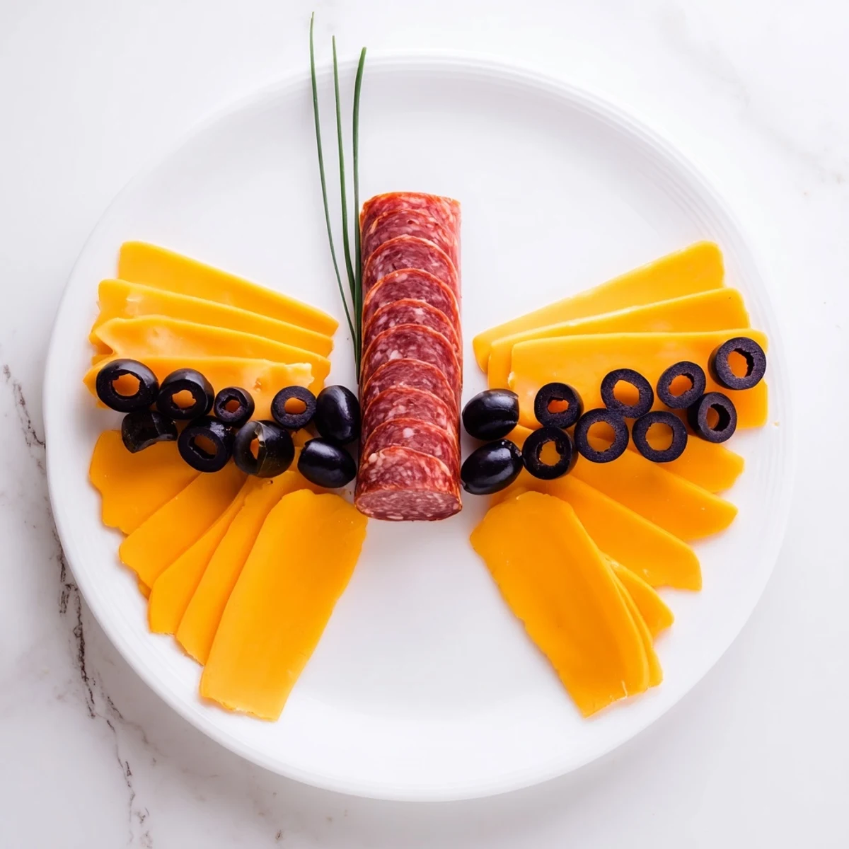 This fun and easy Butterfly Migration appetizer platter is designed with savory salami and olive details.