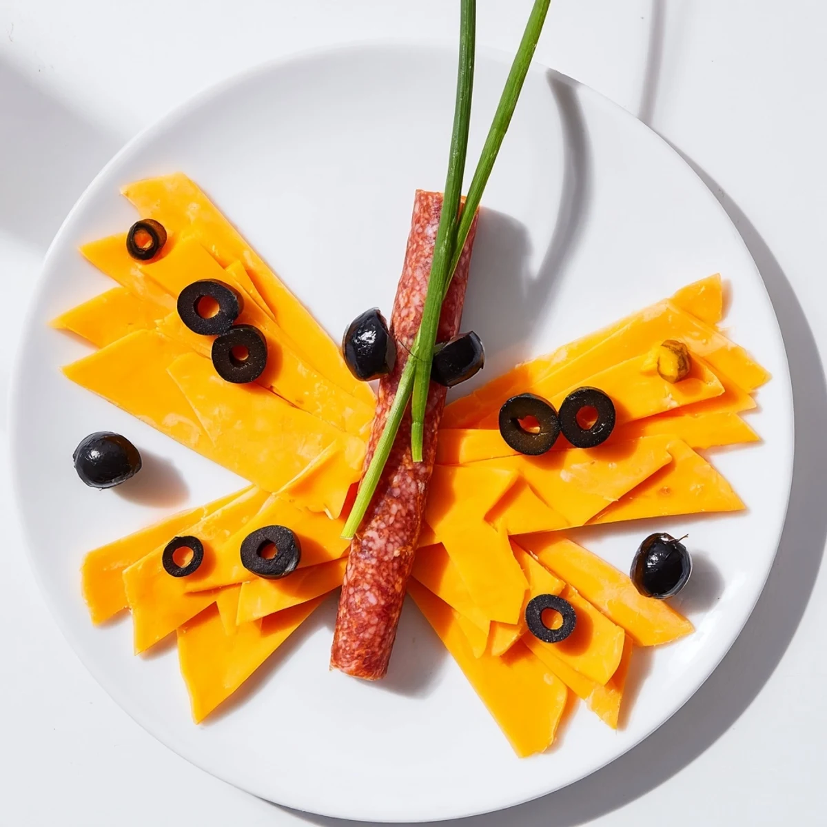 Enjoy a creative Butterfly Migration creation with colorful cheddar wings and tasty black olive accents.