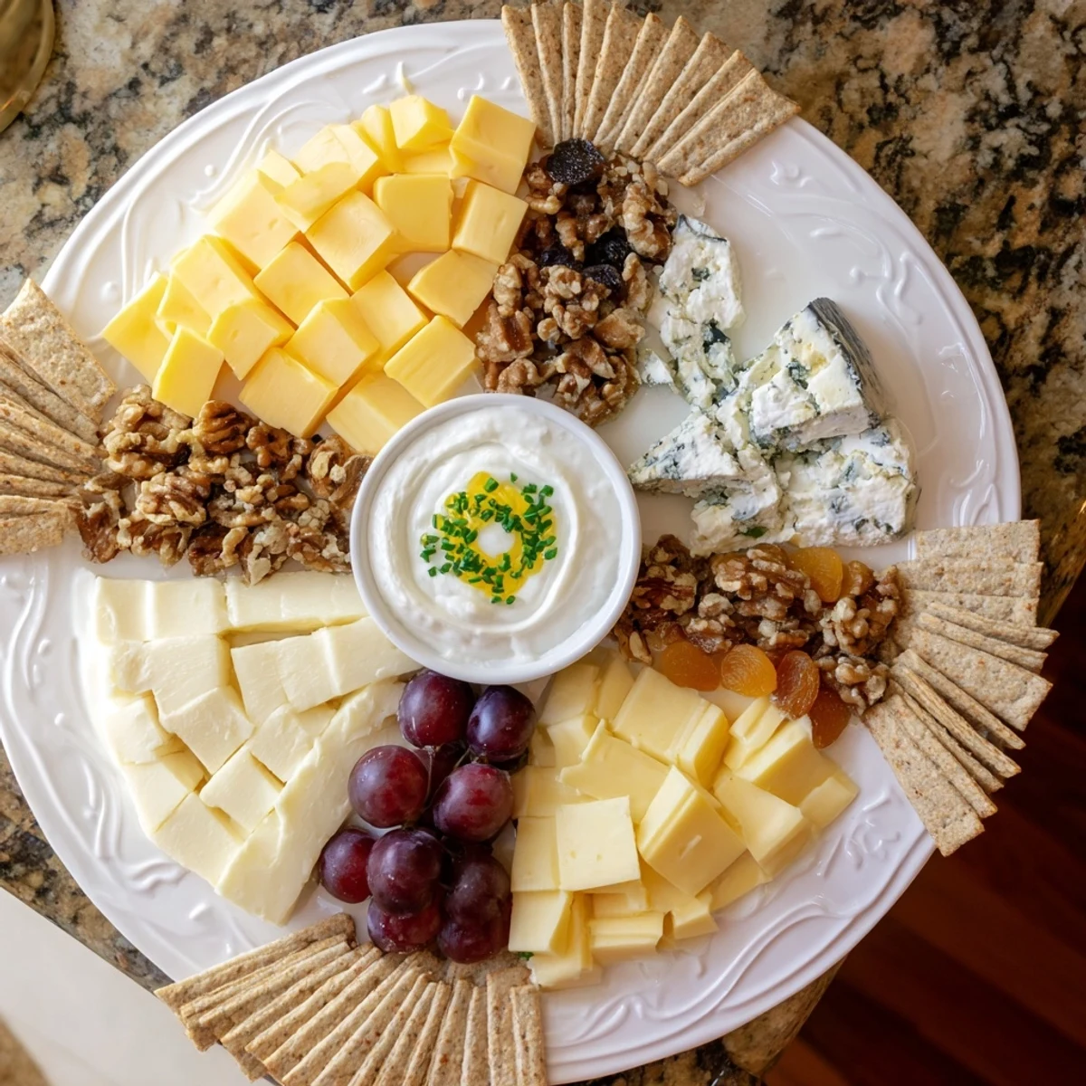 A beautifully arranged Celtic Cross Cheese Platter showcases varied cheeses with honey-drizzled blue cheese.