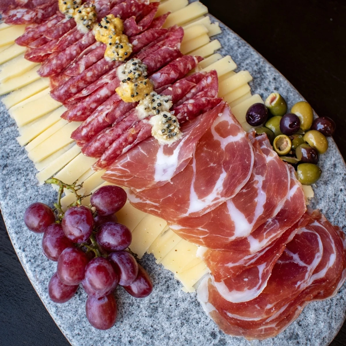 The Industrial Slate appetizer, showcasing lines of meats, cheeses, grapes, and olives ready to enjoy.