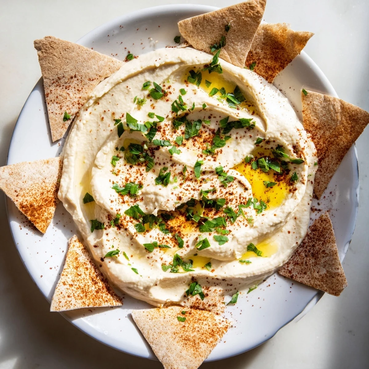 Vibrant Sahara Dune appetizer: Smooth hummus sculpted like dunes, served with smoky pita chips.