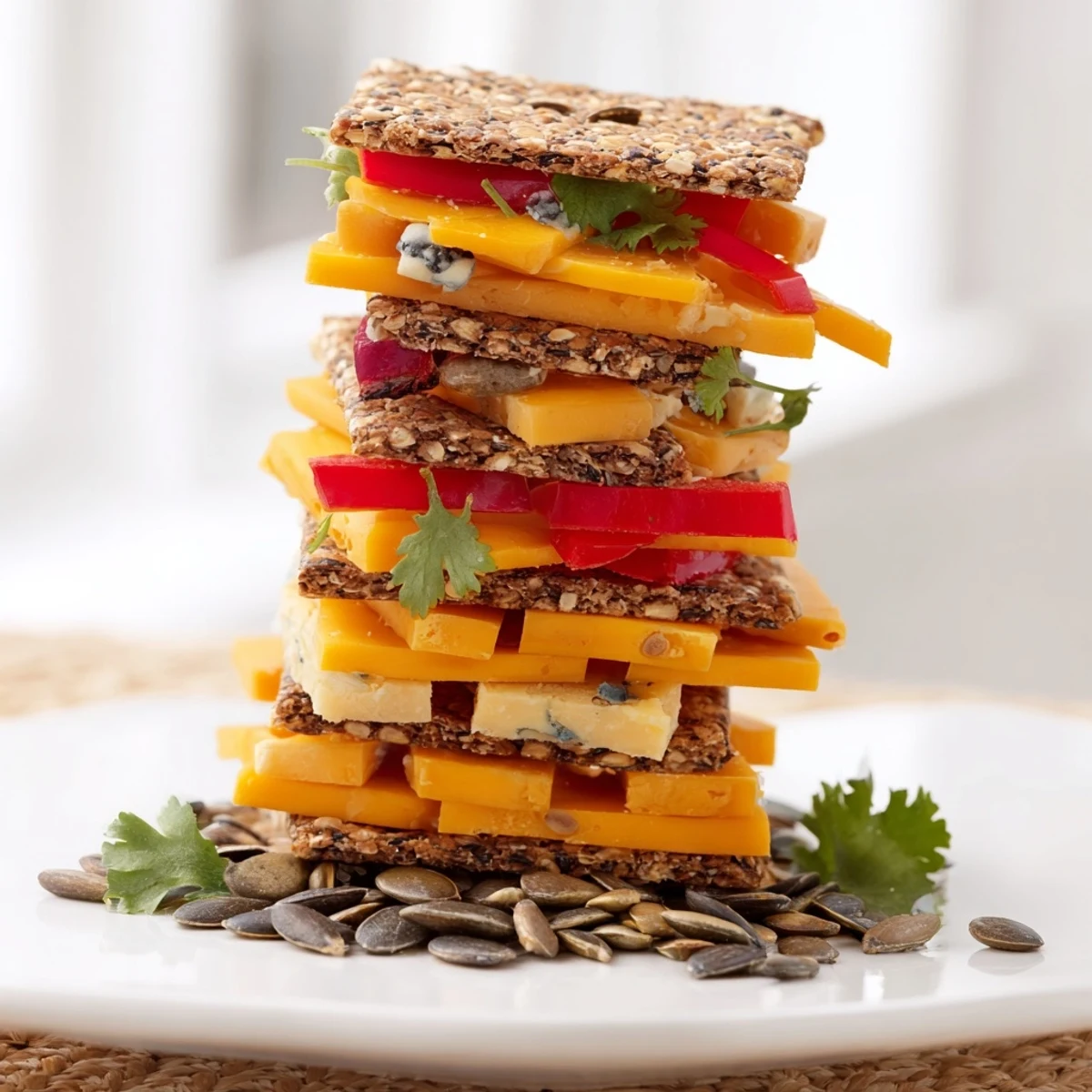 A colorful Southwest Mesa appetizer, with stacked cheeses and crackers evoking desert mesas.
