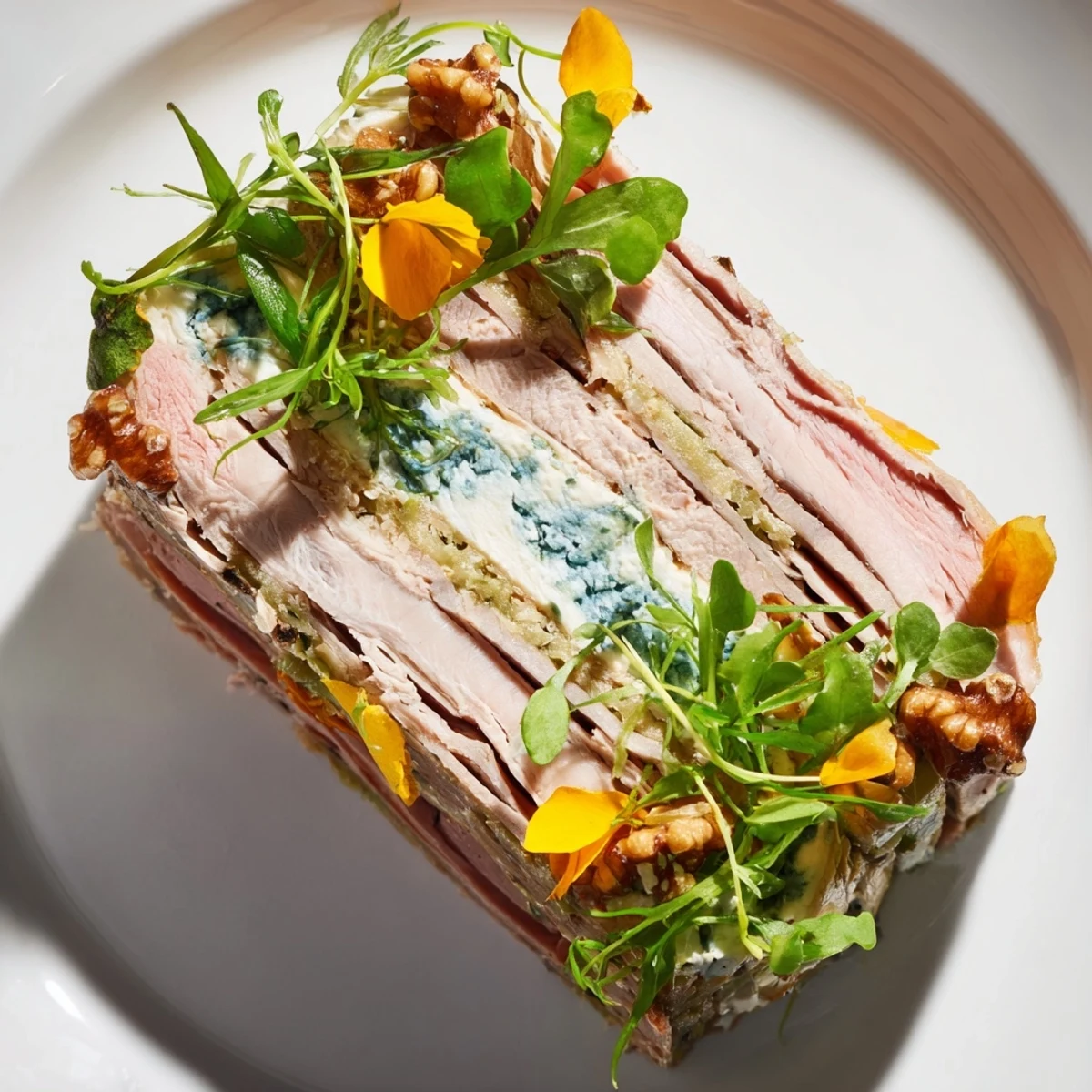 Detailed view showing layers of tender meats and a vibrant blue cheese river in the Grand Canyon Rim recipe.