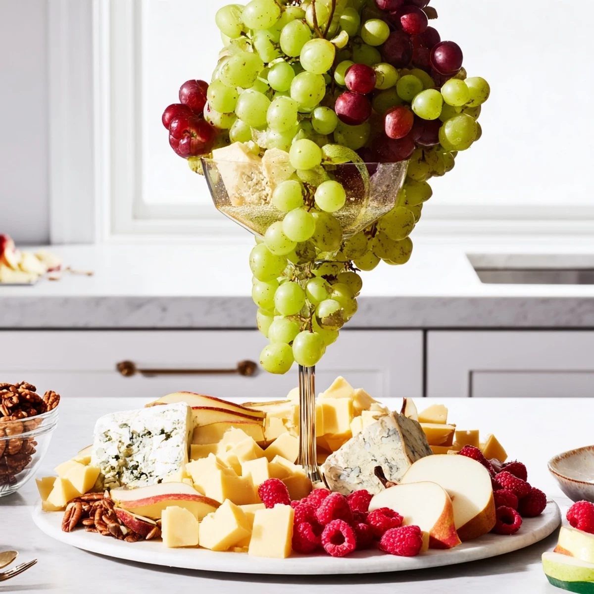 The Champagne Waterfall Board overflows with colorful fruits, cheeses, and charcuterie for a festive appetizer.