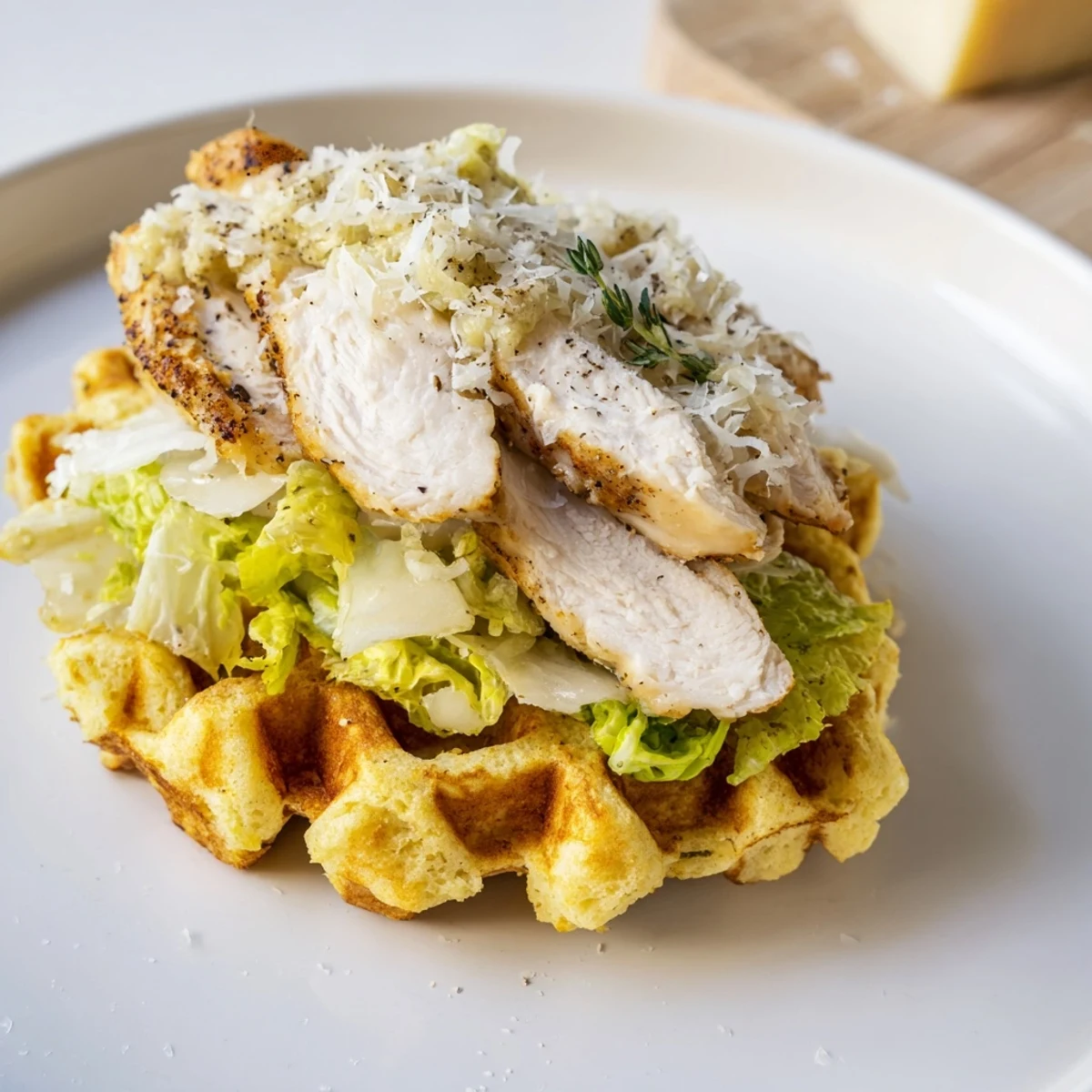 A hearty Chicken Caesar Waffle Sandwich, grilled chicken and crisp romaine between golden-brown waffles.