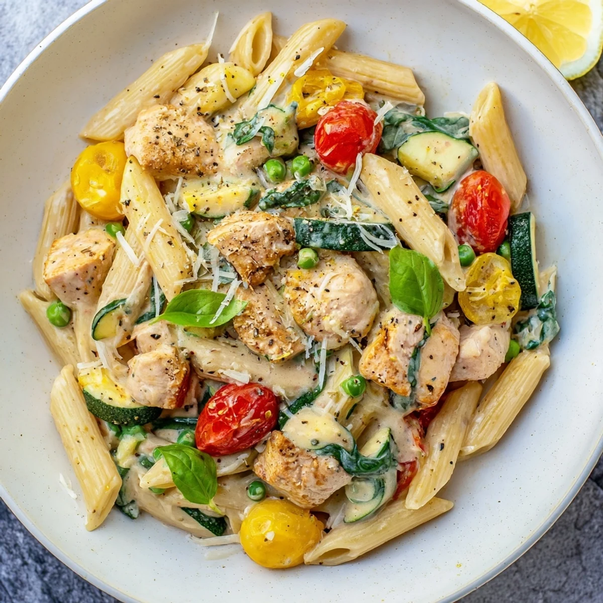 A close-up of The Last Bite Chicken Pasta, a creamy, comforting pasta dish with fresh basil.
