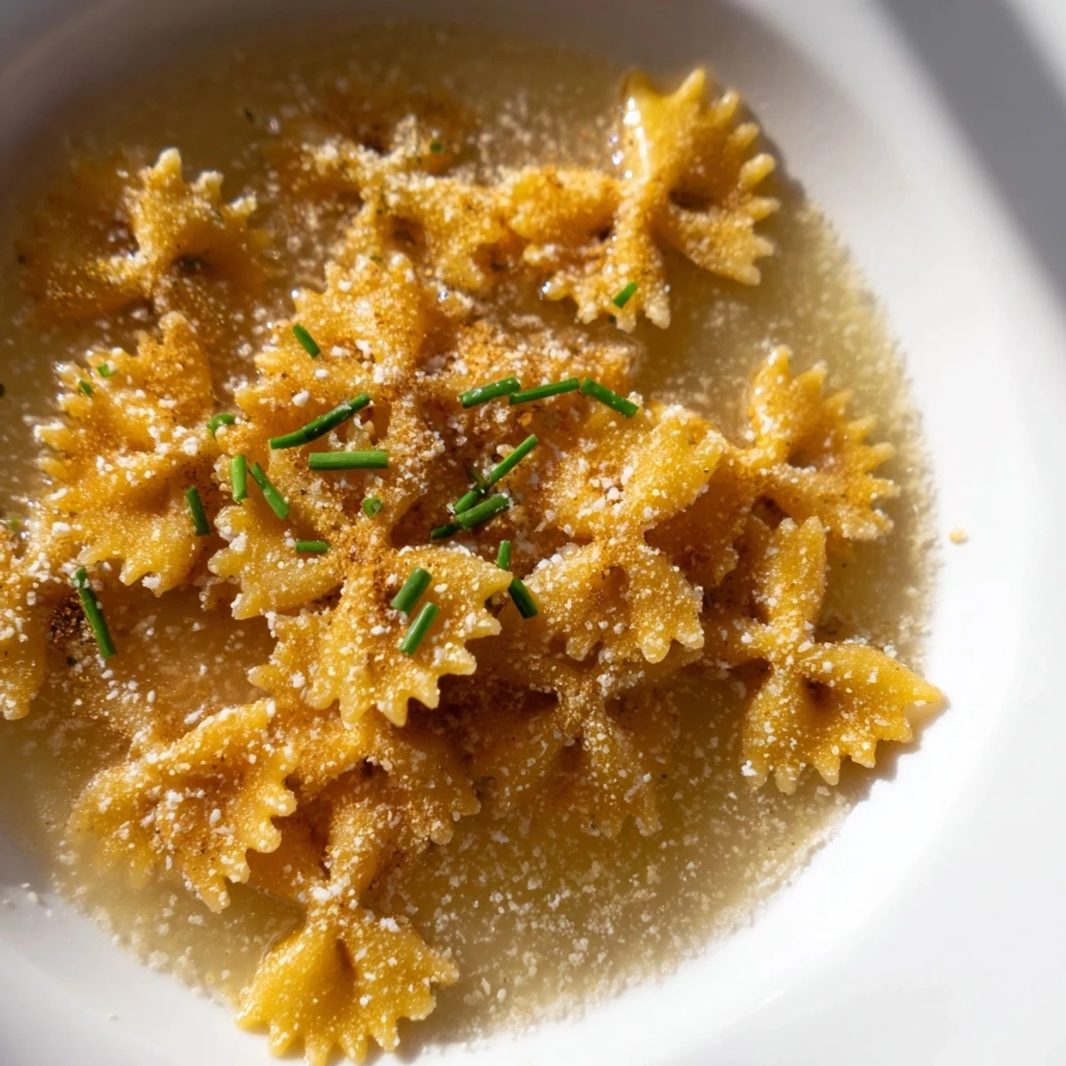 Golden, crispy pasta chip cereal presented in a warm bowl filled with savory parmesan broth.