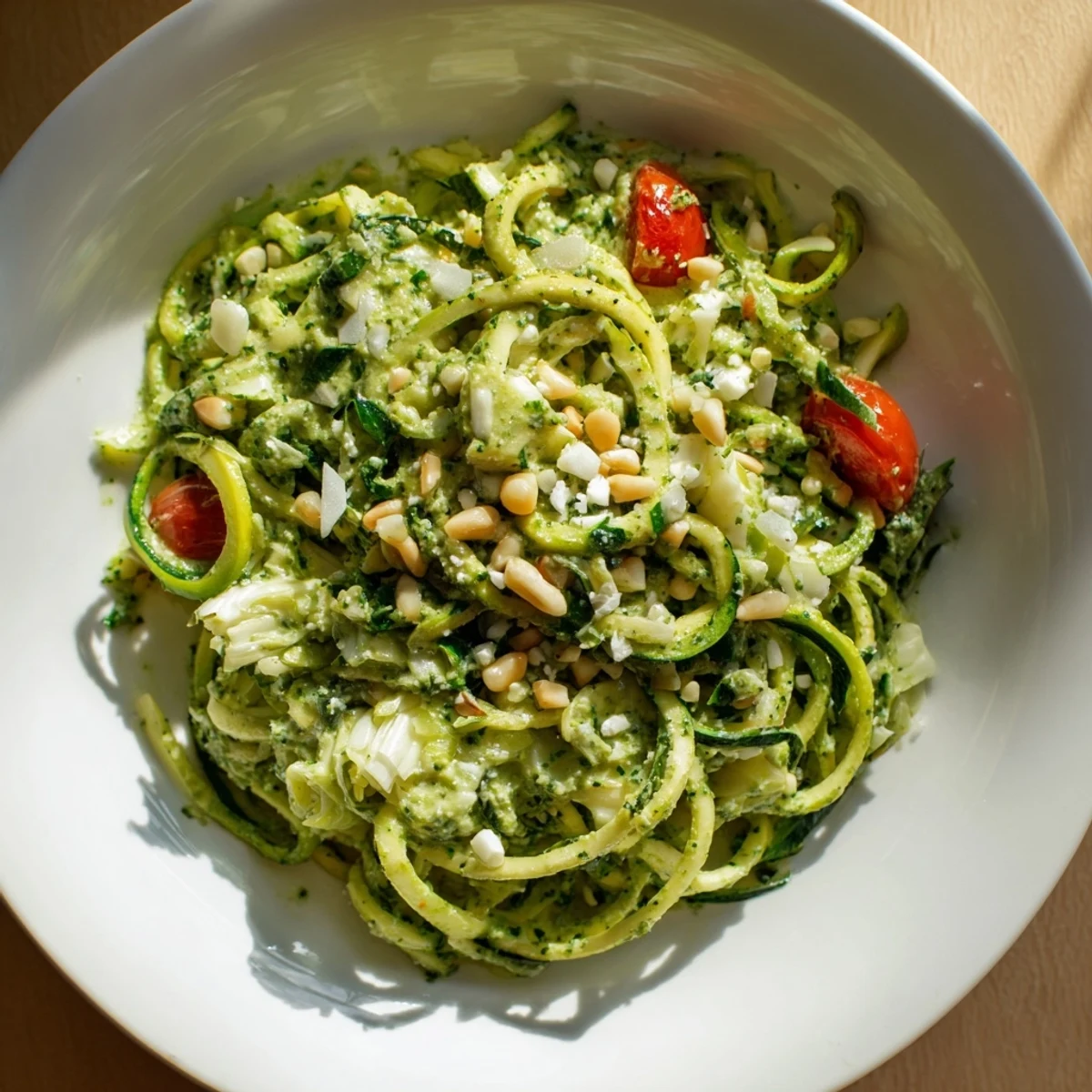Creamy Green Goddess Zoodle Pasta, a vibrant bowl of zucchini noodles in a bright green sauce.