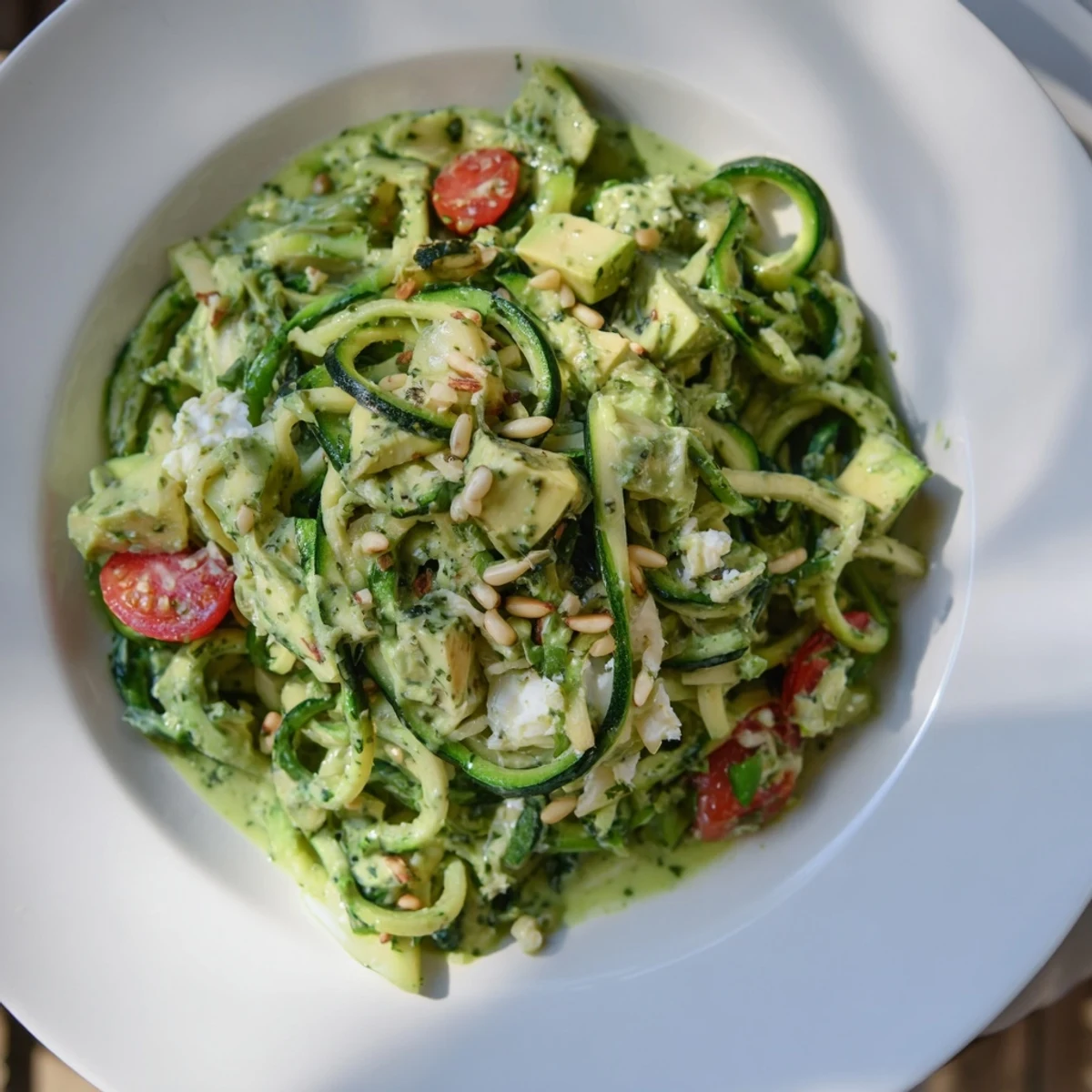 Fresh, healthy Green Goddess Zoodle Pasta, beautifully plated with tomatoes, avocado, and crumbled feta cheese.
