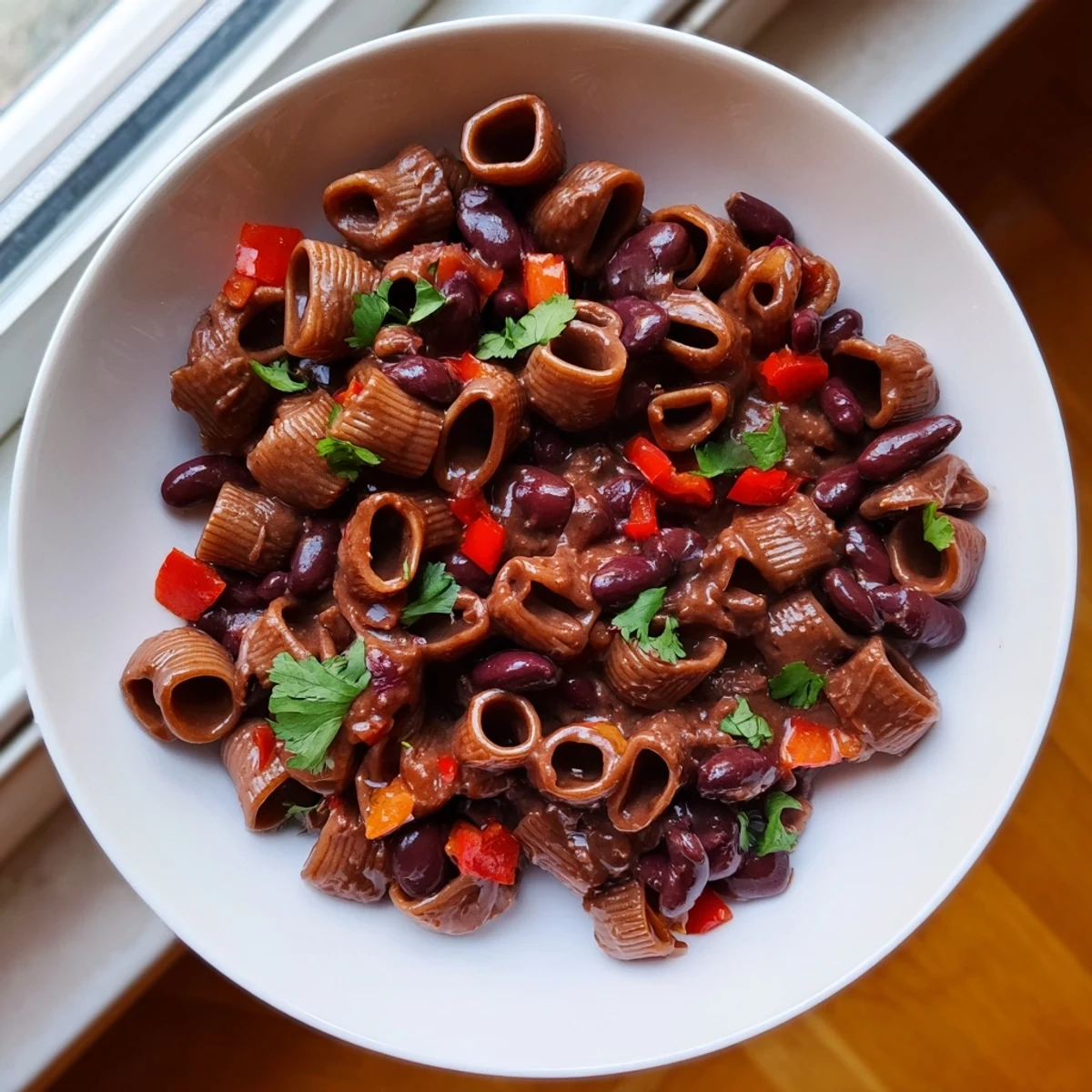 Steaming bowl of one-pot ditalini with hot cocoa chili, showcasing rich, savory flavors and tender pasta.