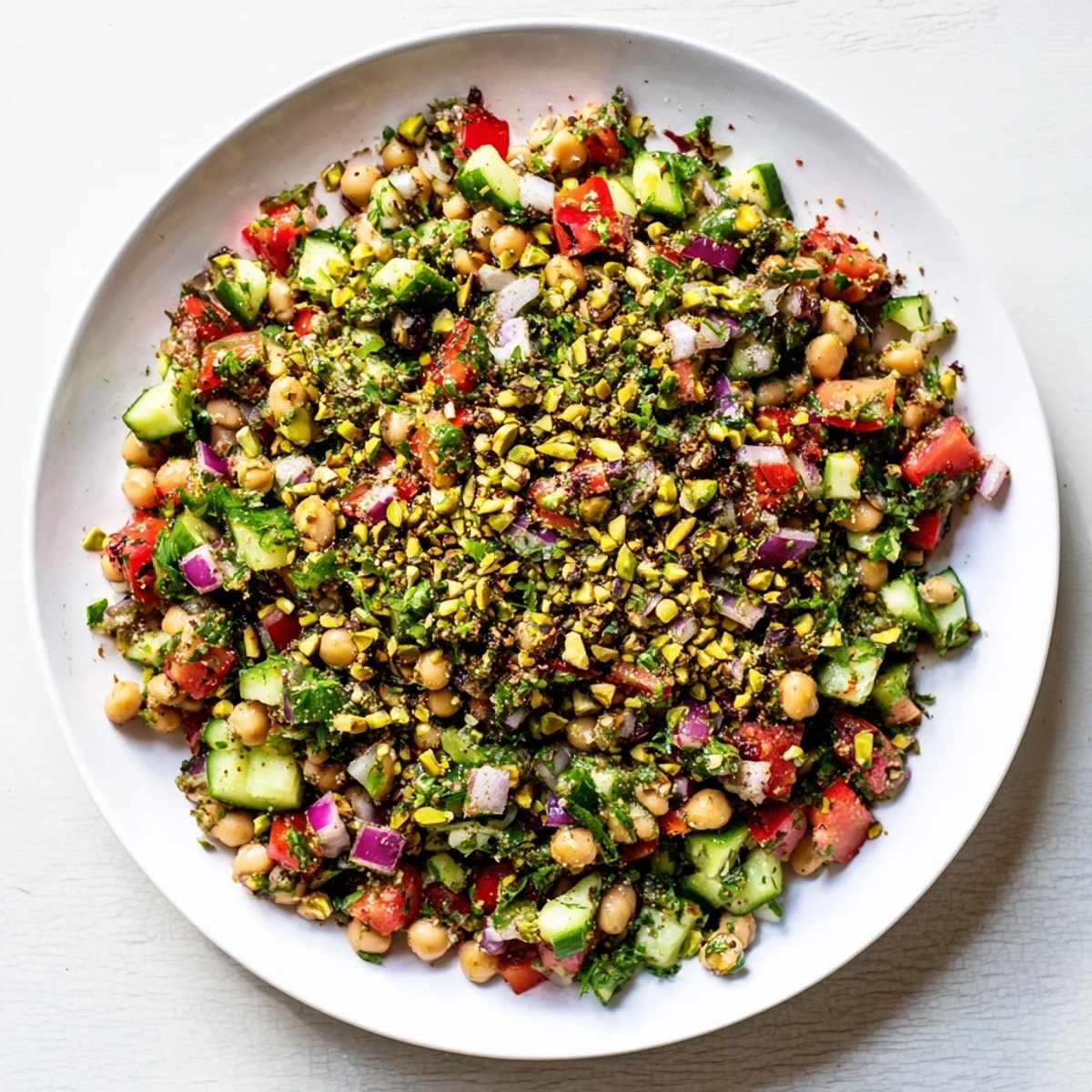 Vibrant Dense Bean Salad with Dubai Chocolate Notes topped with roasted pistachios, ready to serve.