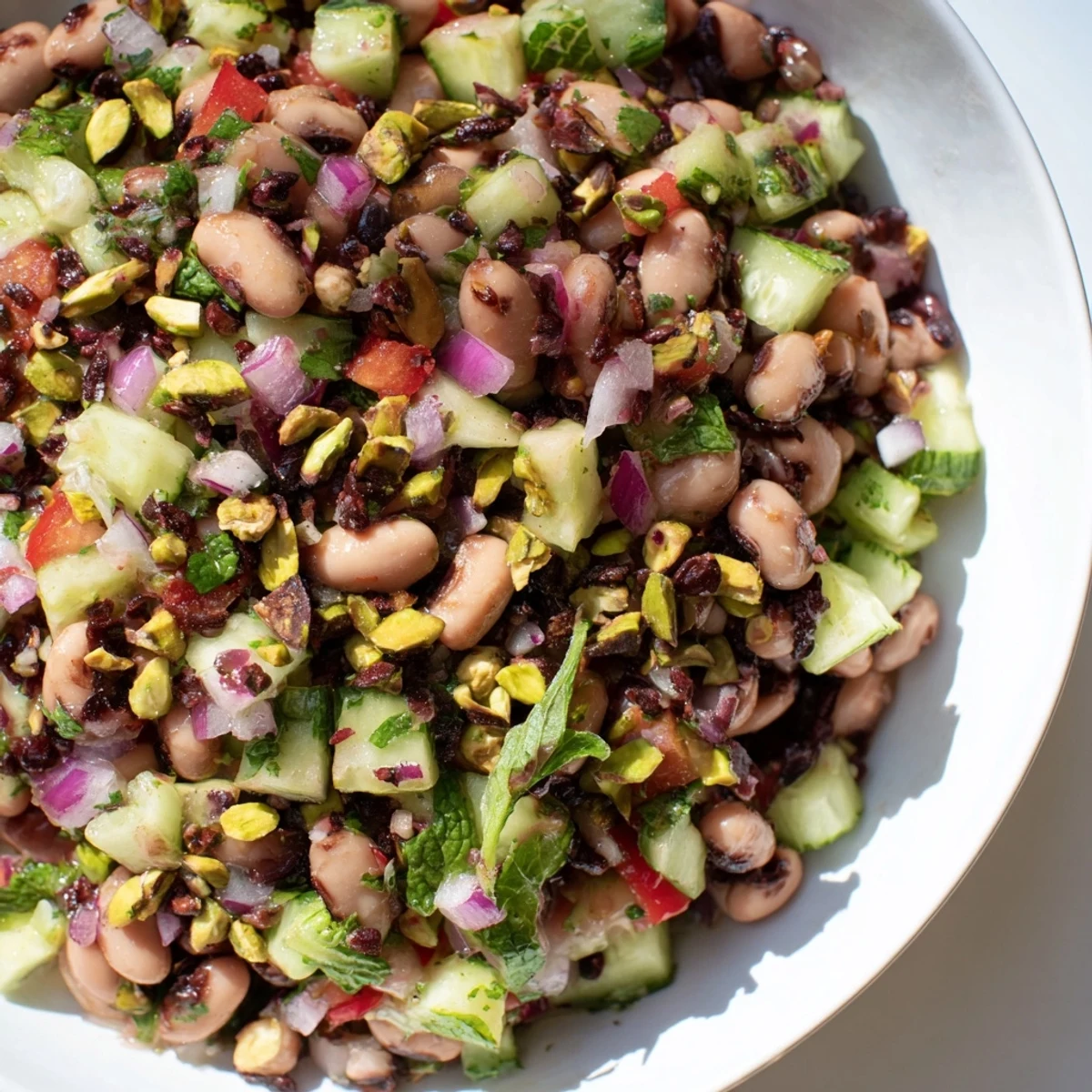 A close-up view of the delicious Dense Bean Salad with Dubai Chocolate Notes, showcasing colorful ingredients and flavors.