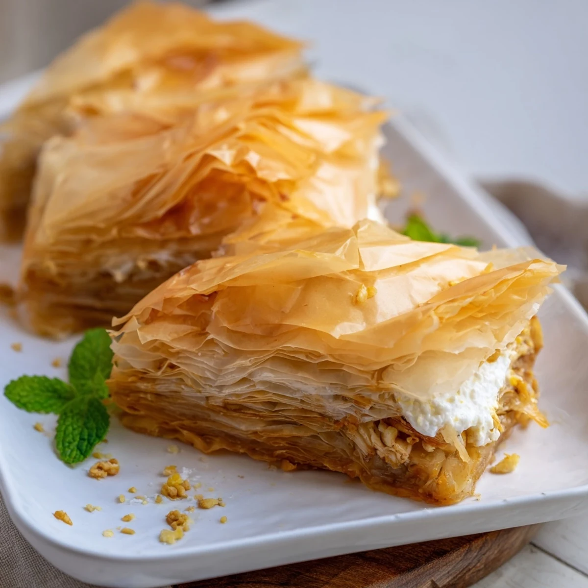 Flaky layers and a cheesy filling make this Chicken and Pasta Crinkle Cake a delicious meal.