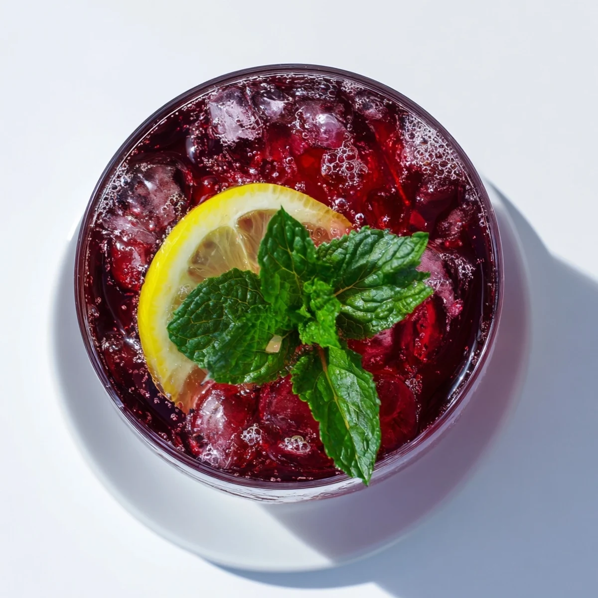 A chilled Sleepy Girl Cherry Mocktail, a vibrant pink beverage garnished with fresh mint.
