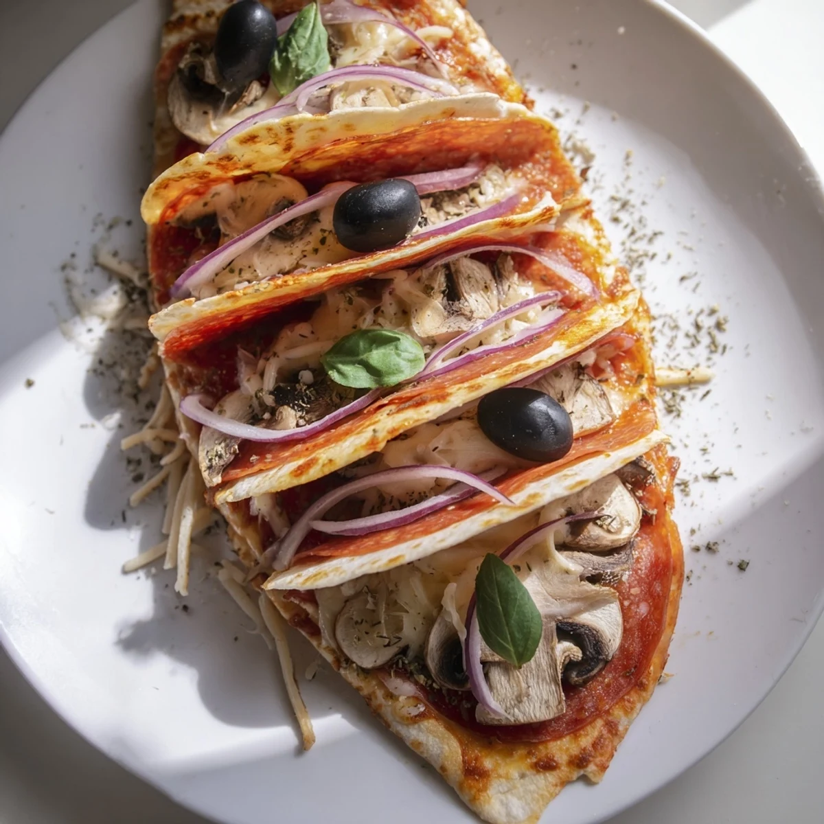 Warm, crispy, and flavorful: homemade Cheesy Tortilla Pizza Wrap filled with savory ingredients.