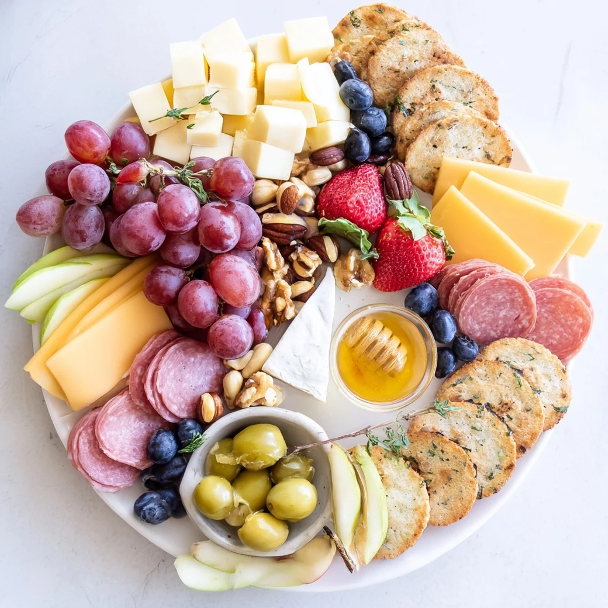 A close-up of a Quick Charcuterie Snack Board showcasing delicious cheeses, salami, and fresh grapes.