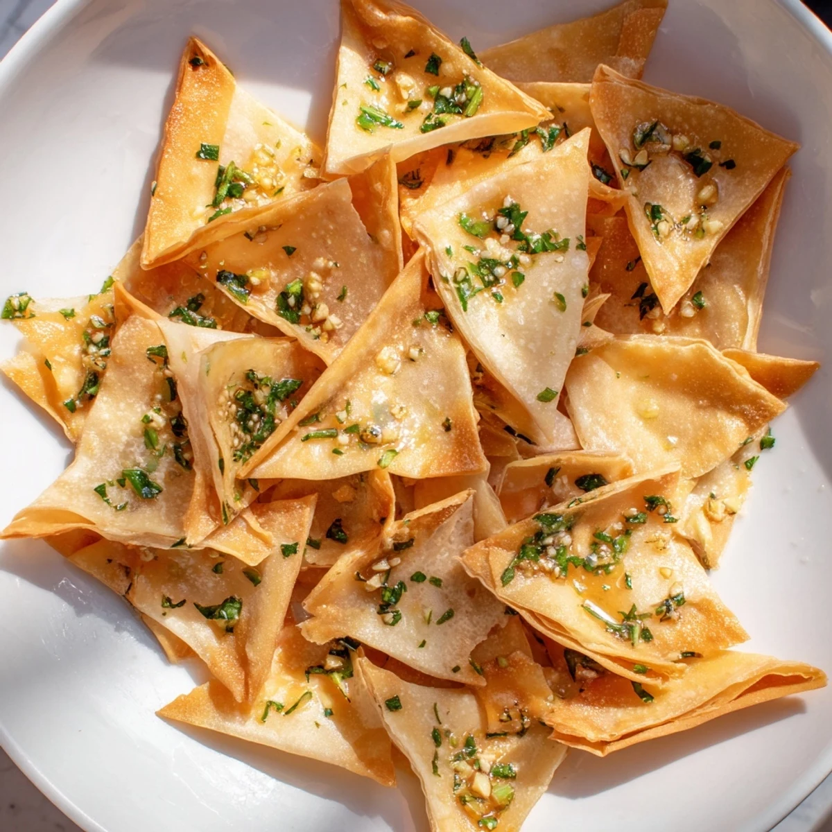 Golden, crispy garlic lumpia chips ready to serve with a dipping sauce, perfect snack.
