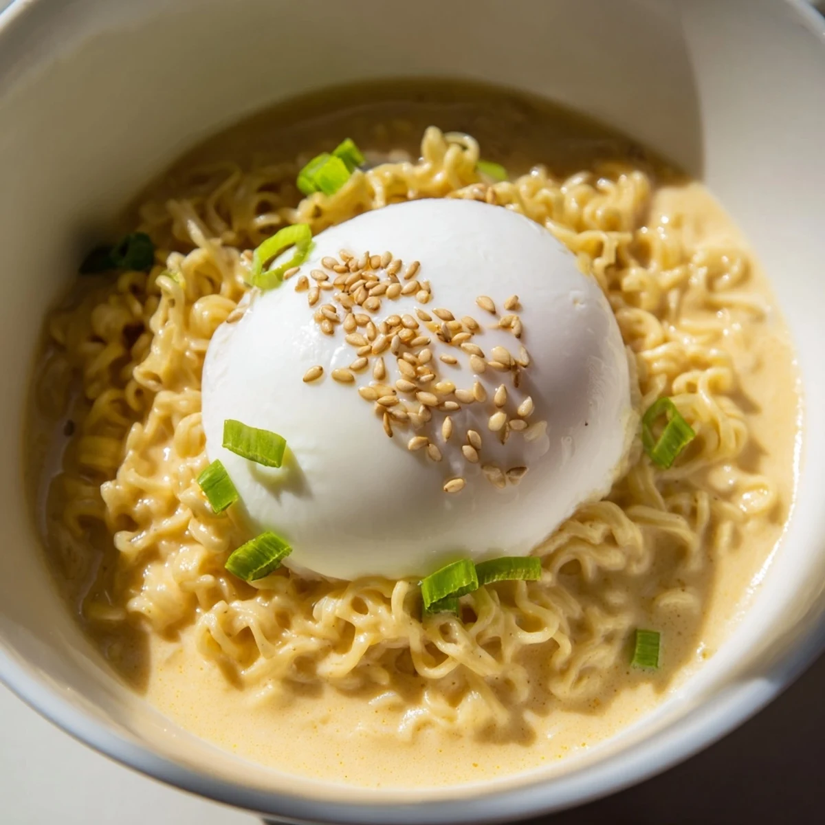 Close-up of a delightful Instant Cheese Ramen Bowl, featuring a perfectly cooked egg yolk and rich broth.