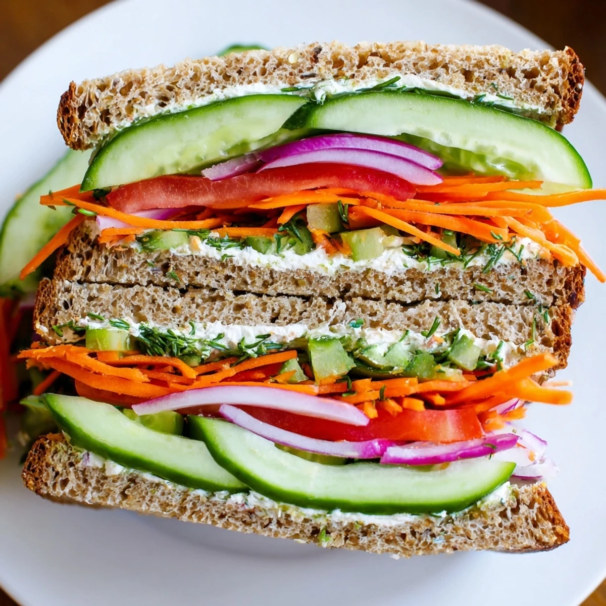 Crunchy dill pickle sandwich, bursting with fresh veggies and a creamy spread, ready to eat.