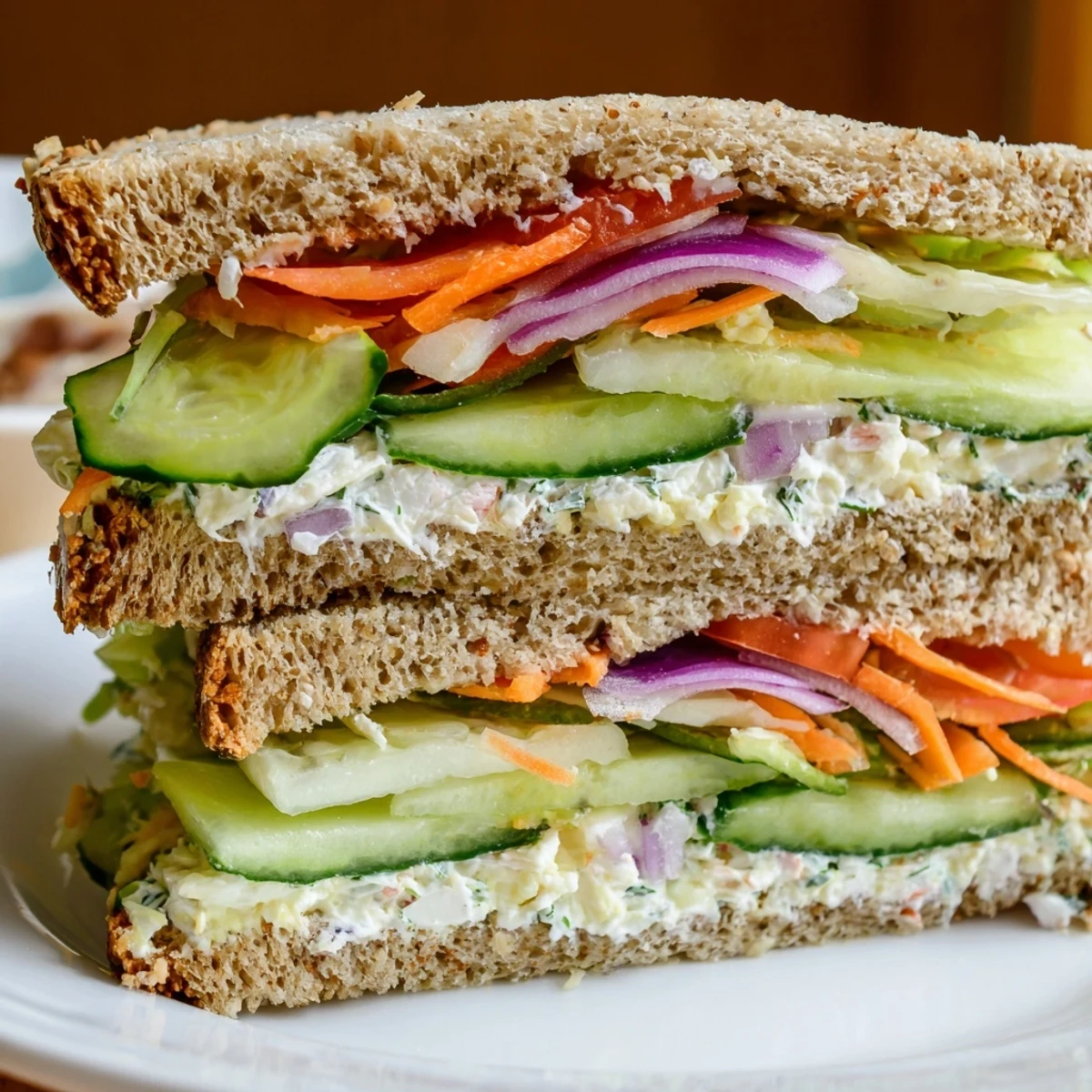 Close-up of a loaded crunchy dill pickle sandwich, showcasing layers of tangy pickles and vibrant vegetables.