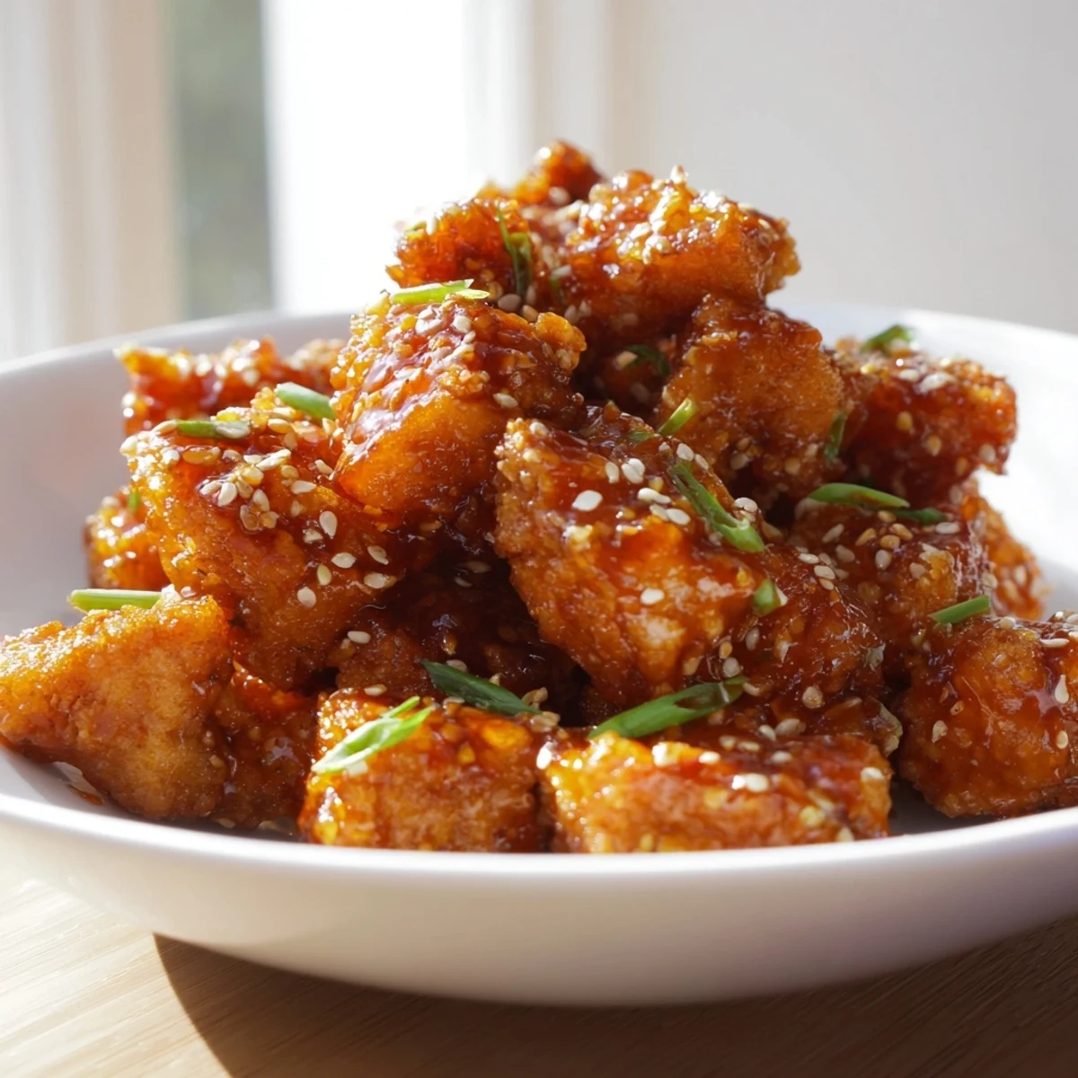 Close-up of freshly glazed Honey-Sriracha Chicken Bites, showing a perfect blend of texture and flavor.